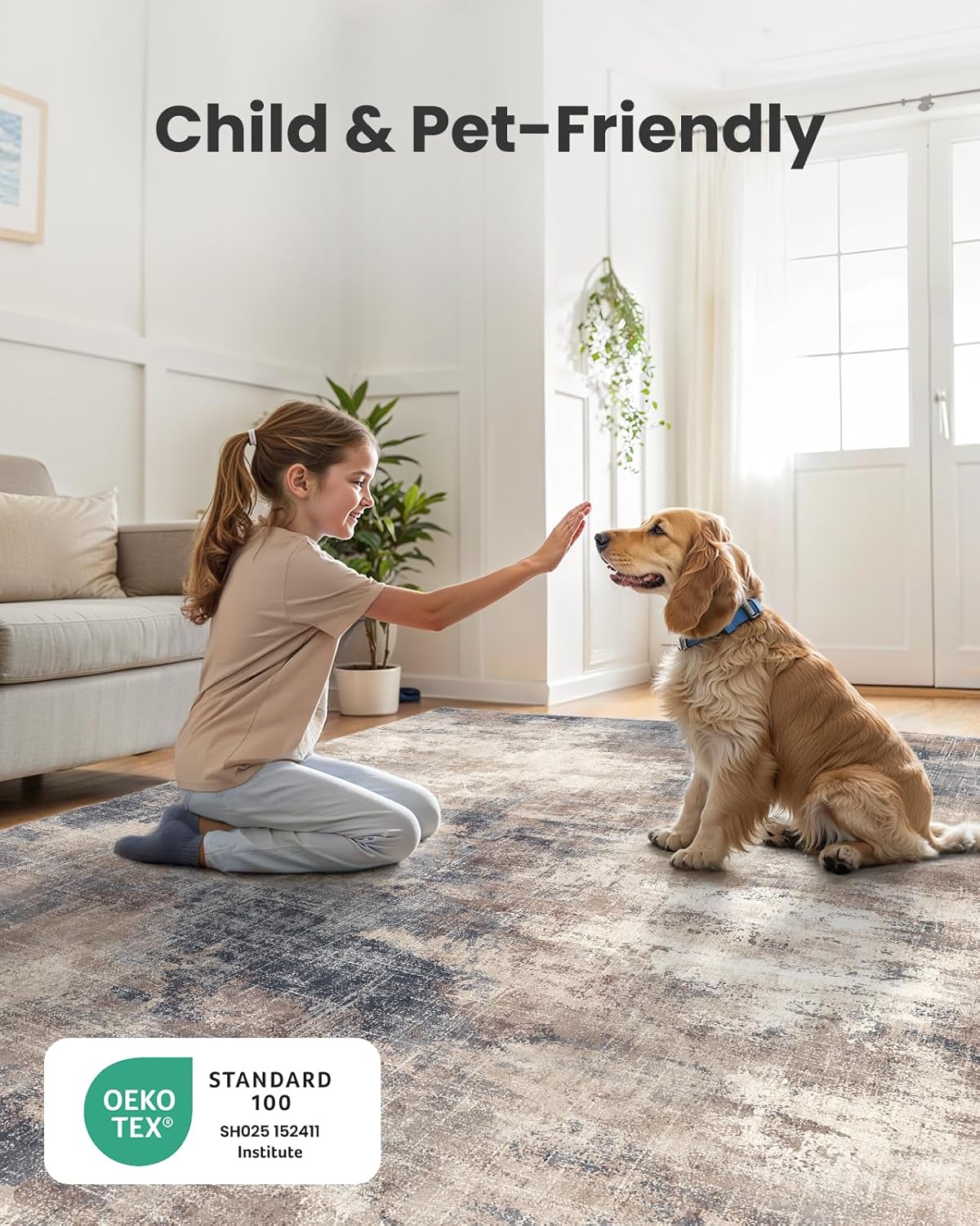 Amada 8x10 Area Rug, Modern Abstract Living Room Rug with Non-Slip Backing & Short Pile, Large Washable Rug with Abstract Pattern for Living Room, Bedroom and Dinning Room, Brown