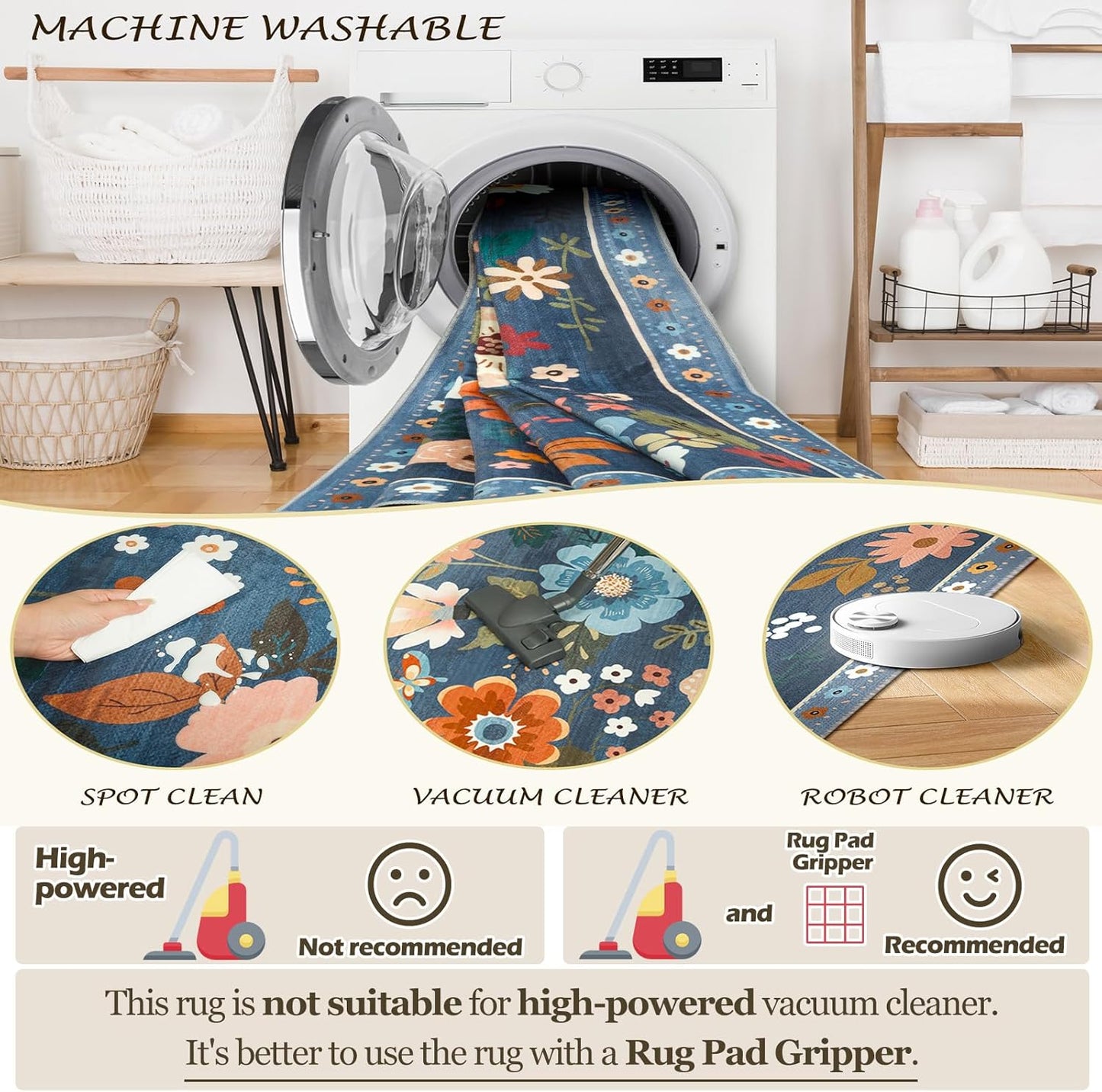 Floral 5x7 Area Rug Machine Washable Soft Print Boho Carpet Non Slip Doormat Low Pile Flower Area Rugs for Living Room Bedroom Nursery Kitchen Dining Room Indoor-Blue/Grey