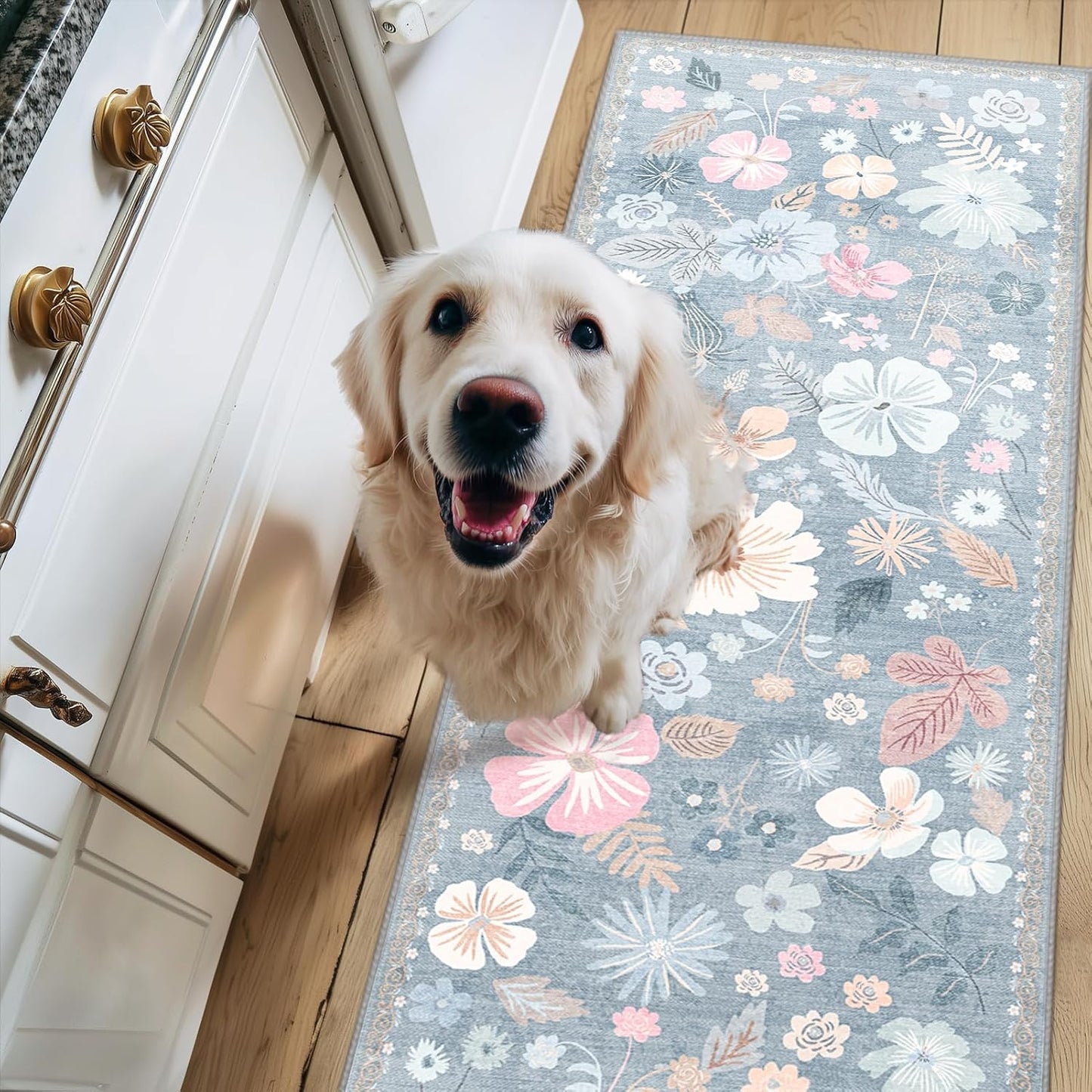 Kitchen Runner Rug 2x6 Washable Non Slip Soft Boho Floral Carpet Runner for Hallways Low Pile Thin Faux Fur Long Area Rug for Bedroom Entrance Patio Laundry Room Bathroom,Pastel Blue