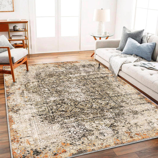 Area Rug 3'x5' Washable Vintage Traditional Floor Cover Foldable Thin Retro Accent Indoor Distressed Non Slip Carpet Floral Print Mat for Bedroom Living Room Bathroom