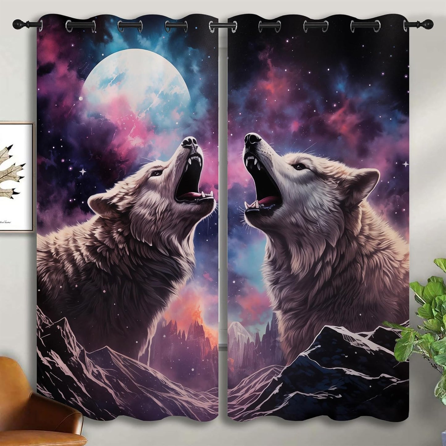 Wolf Blackout Curtains for Boys Girl Bedroom Decor,Fantasy Starry Sky Galaxy Forest Wildlife Thermal Insulated Grommet Drapes Darkening Window Curtain for Living Room Home 72x63 inch