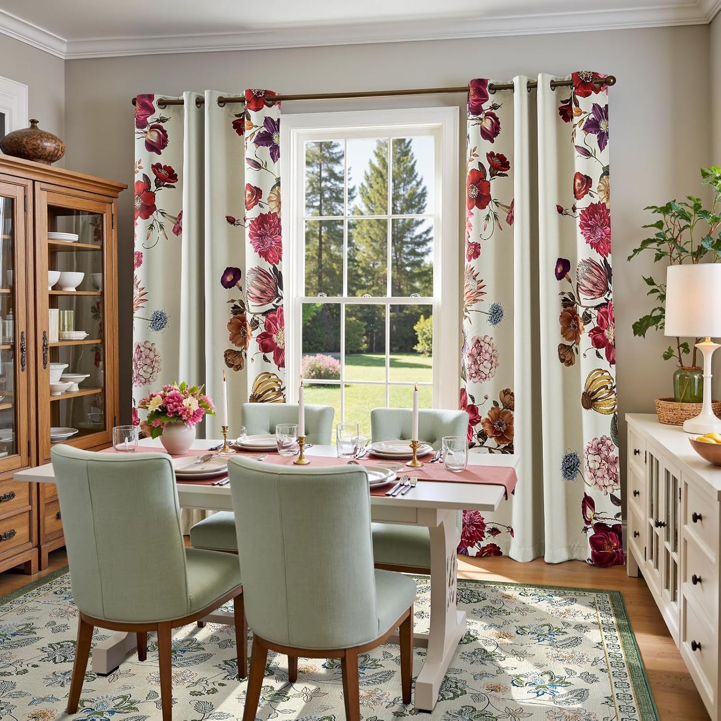 jinchan 8x10 Floral Rug for Living Room Washable Bedroom Rug Vintage Romance Design Non Slip Thin Indoor Floor Cover Large Low-Profile Throw Carpet for Dining Room Office, Green/Beige