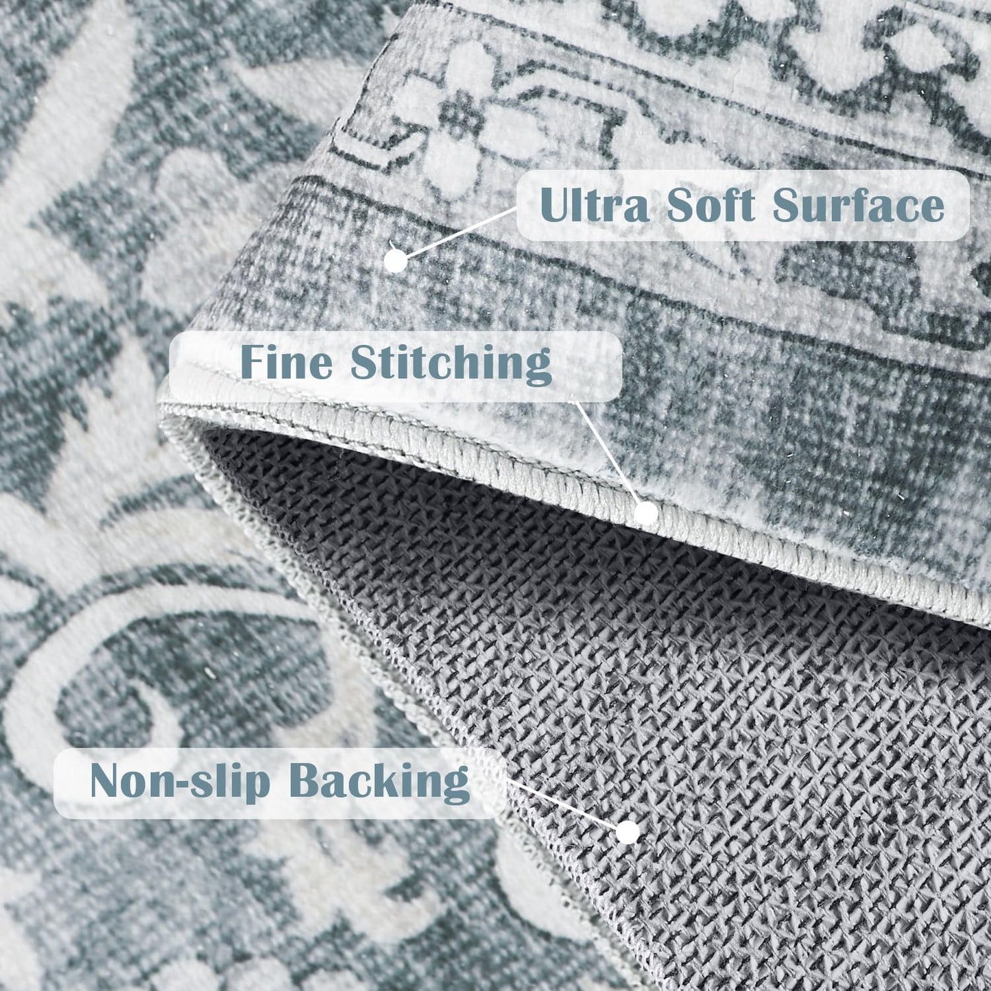 jinchan Hallway Runner Rug 2x10 - Machine Washable Grey Vintage Floral Distressed Design Soft Non-Slip Low-Pile Ultra-Thin Runner Rug for Kitchen Laundry Room Bedroom Farmhouse (2‘x10',Grey)