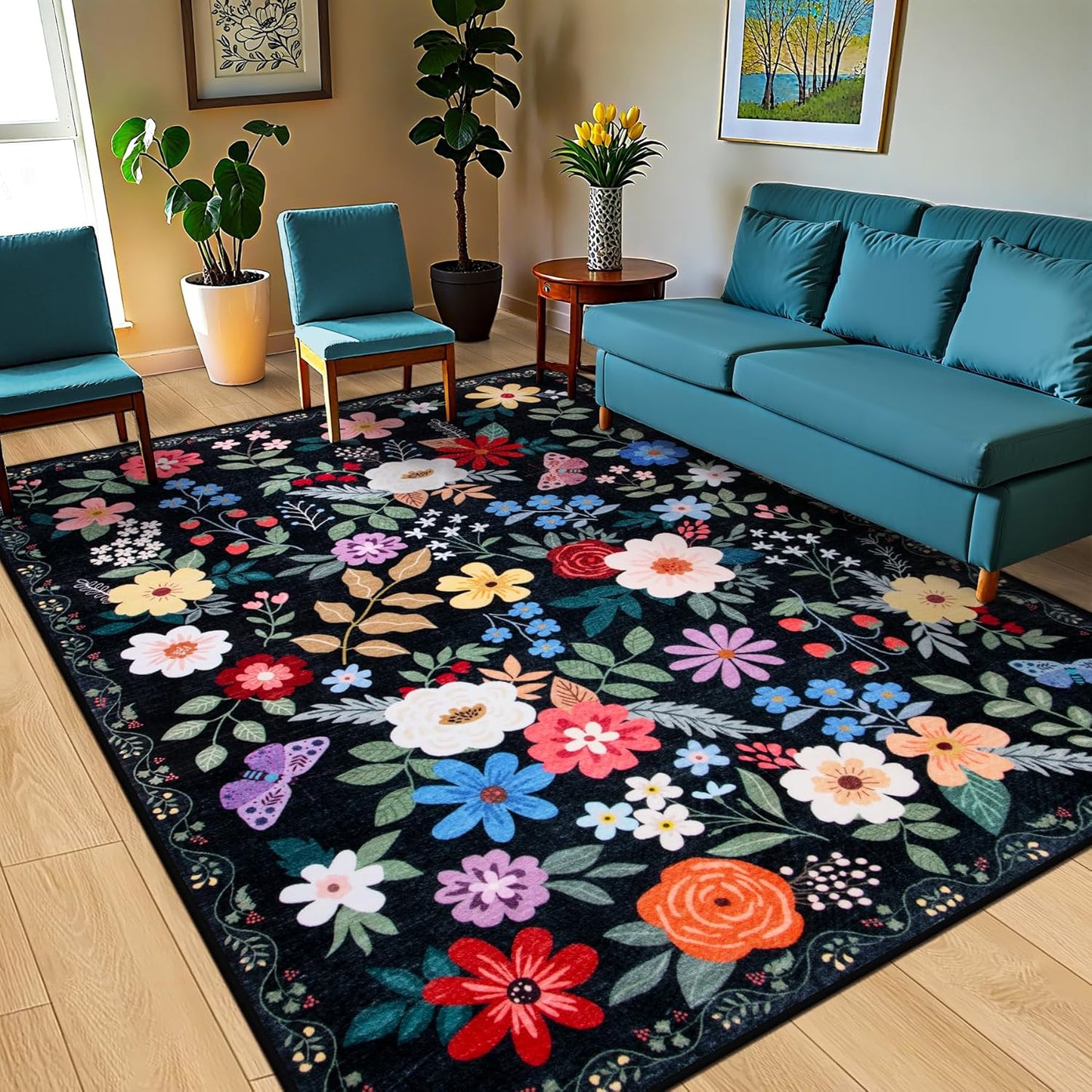 Area Rugs 9x12 Living Room: Floral Washable Rug Vintage Large Soft Boho Non-Slip Carpet Indoor Floor Stain Resistant Low Pile Carpets for Bedroom Dining Room Farmhouse Nursery Home Office Black