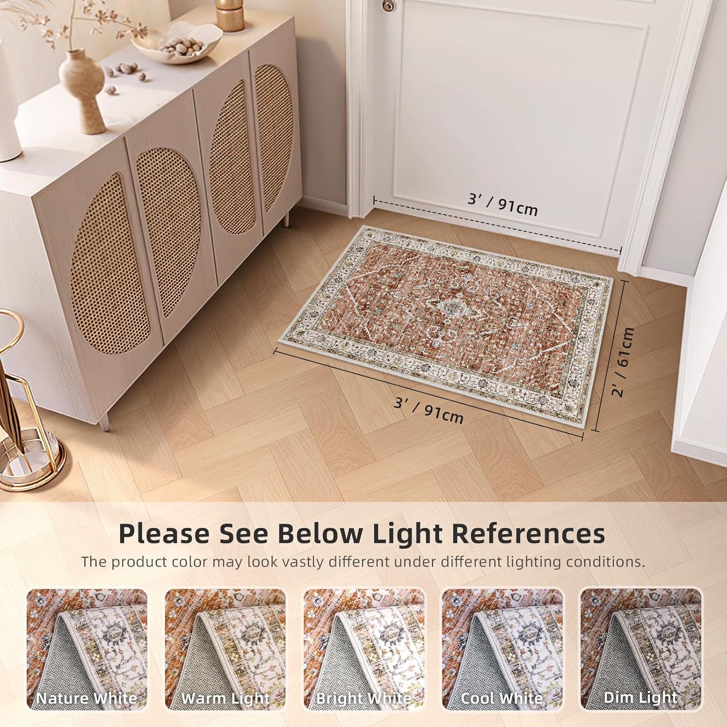 Deerly Washable Rug Small 2x3 Area Rug for Entryway Indoor Kitchen - Soft Rugs Low Pile Non-Slip Rubber Backing Oriental Indoor Area Rug (Border Brick Red ), 2'x3'