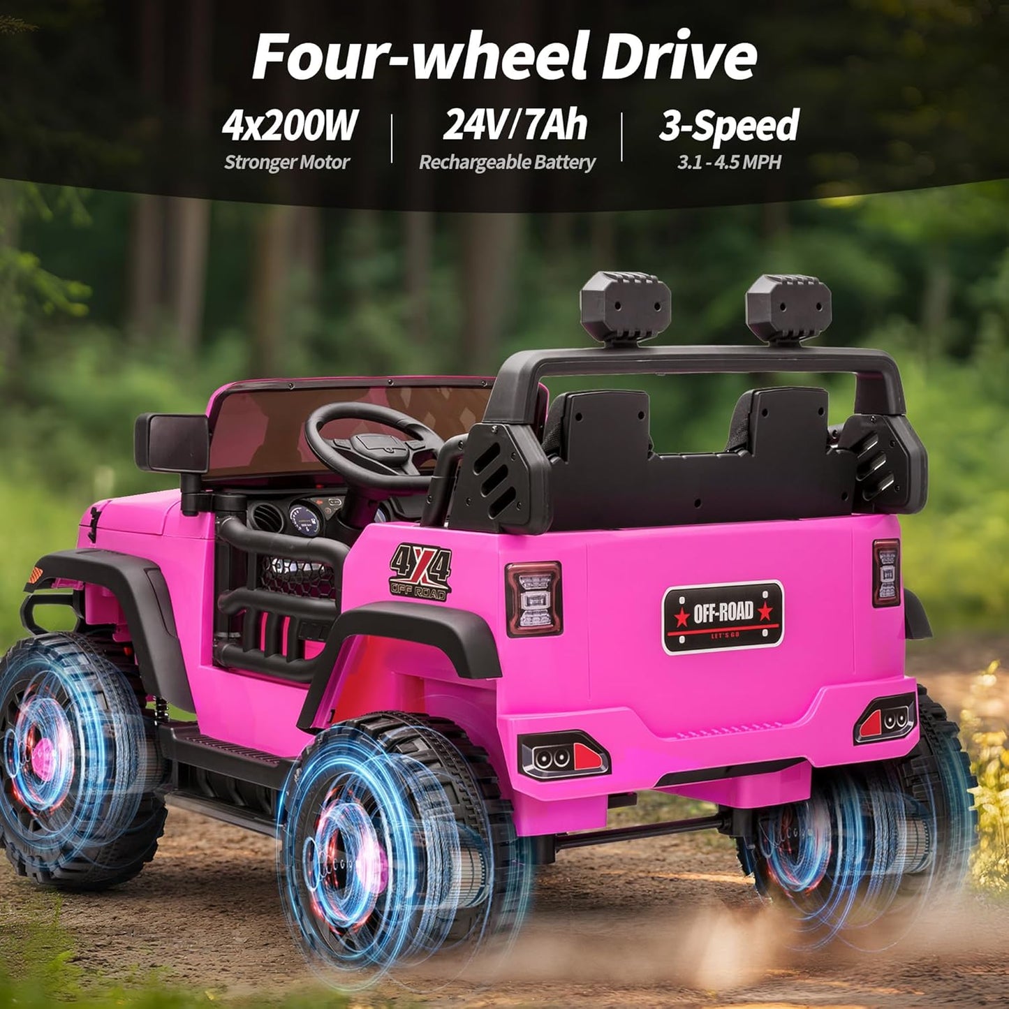 2 Seater Ride on Toy Car for Kids, 24V 4x4 Ride-on Truck Kids Electric Car w/Remote Control, 4x200W Motors - Hot Pink