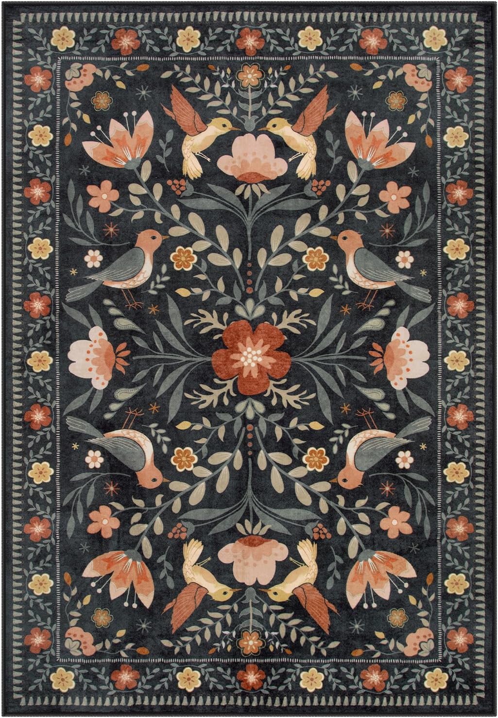 Moynesa Machine Washable 6x9 Area Rugs, Boho Bird Ultra Thin Living Room Rug Non Slip, Soft, Stain Resistant, Indoor Black Large Throw Carpet for Bedroom Office Dining Room Under Table