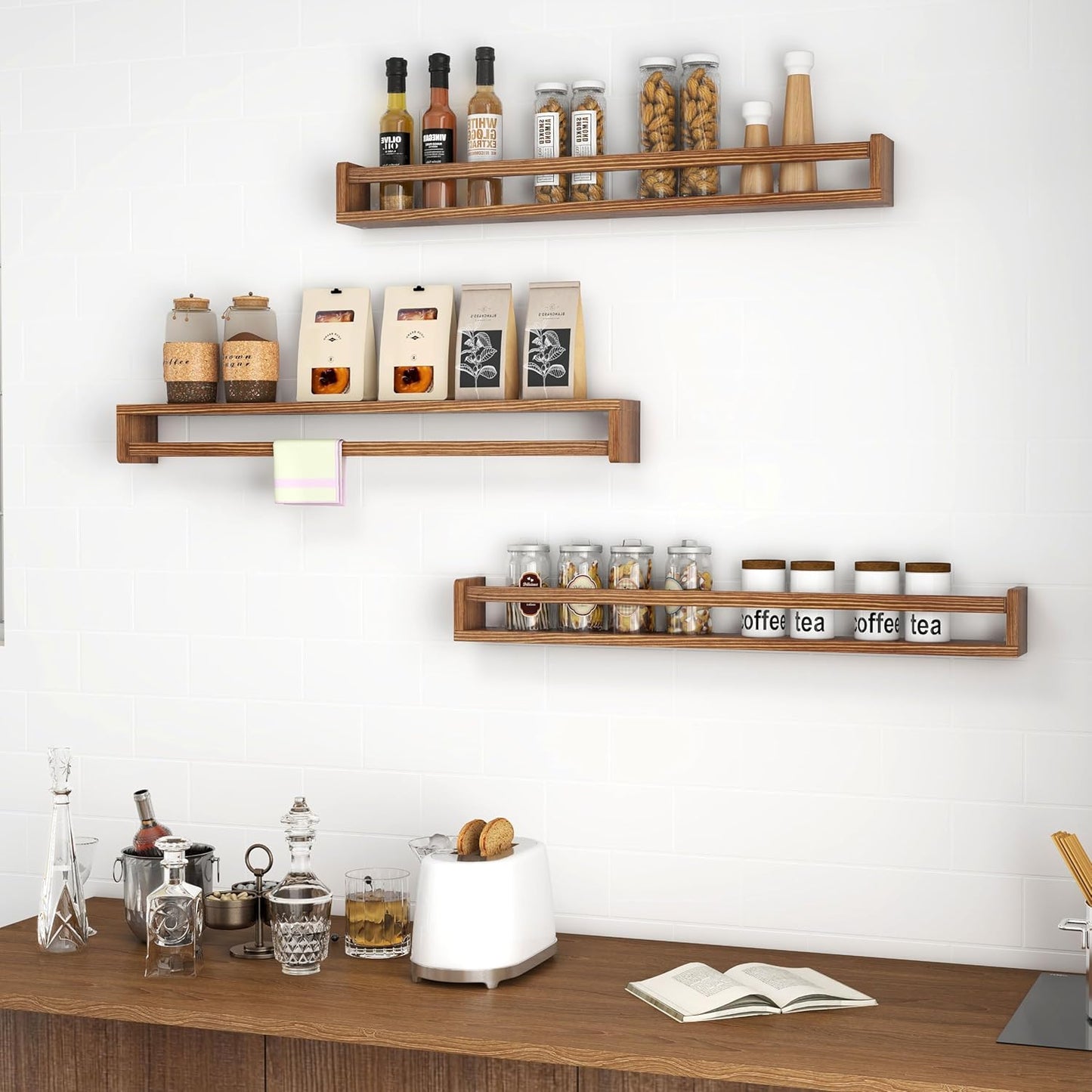 Fun Memories Nursery Book Shelves - Rustic Natural Solid Wood Floating Bookshelf for Kids - Wall Book Shelves for Kids Room (Carbonized, 32inch - 2P)