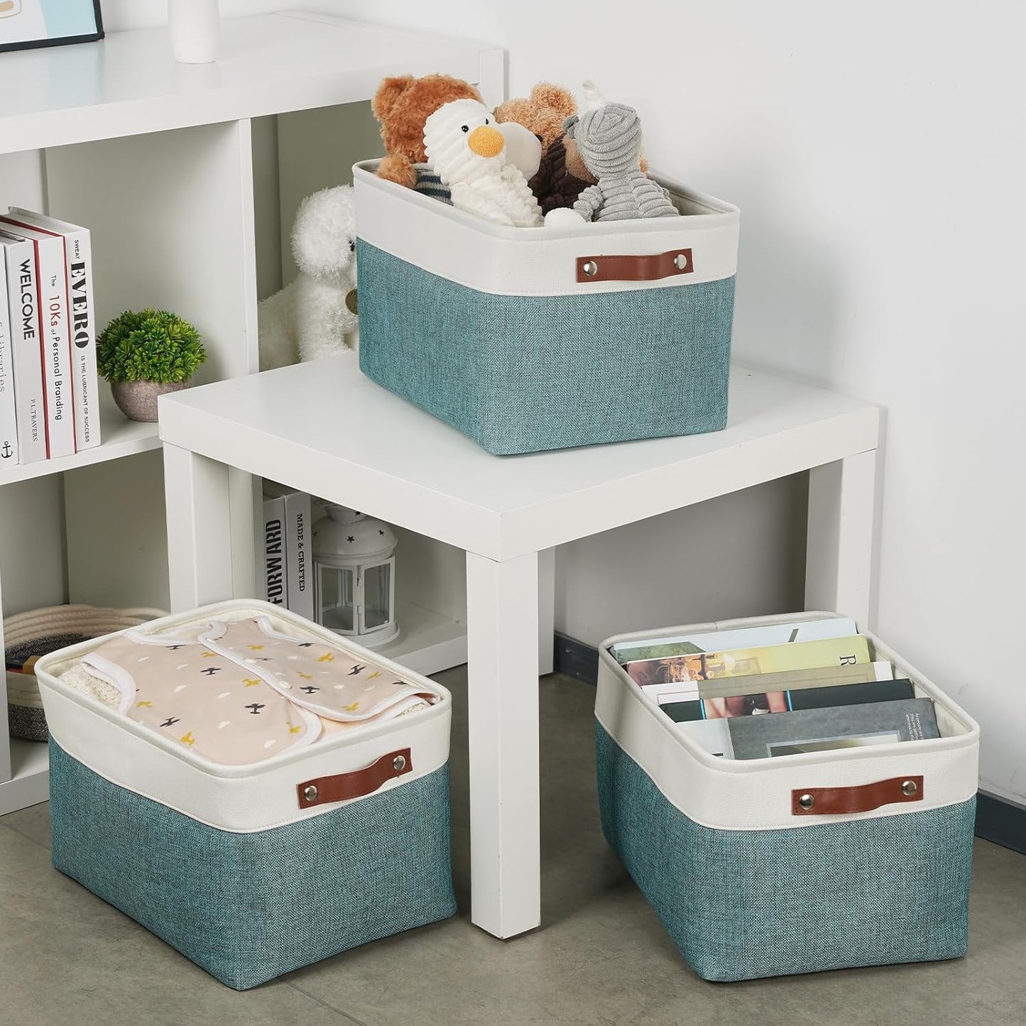 DULLEMELO Storage Baskets for Organizing,Rectangular Fabric Storage Bins with Handles for Office,Bedroom(3-Pack -15 inch X 11 inch X 9.5 inch, White&Dark Green)