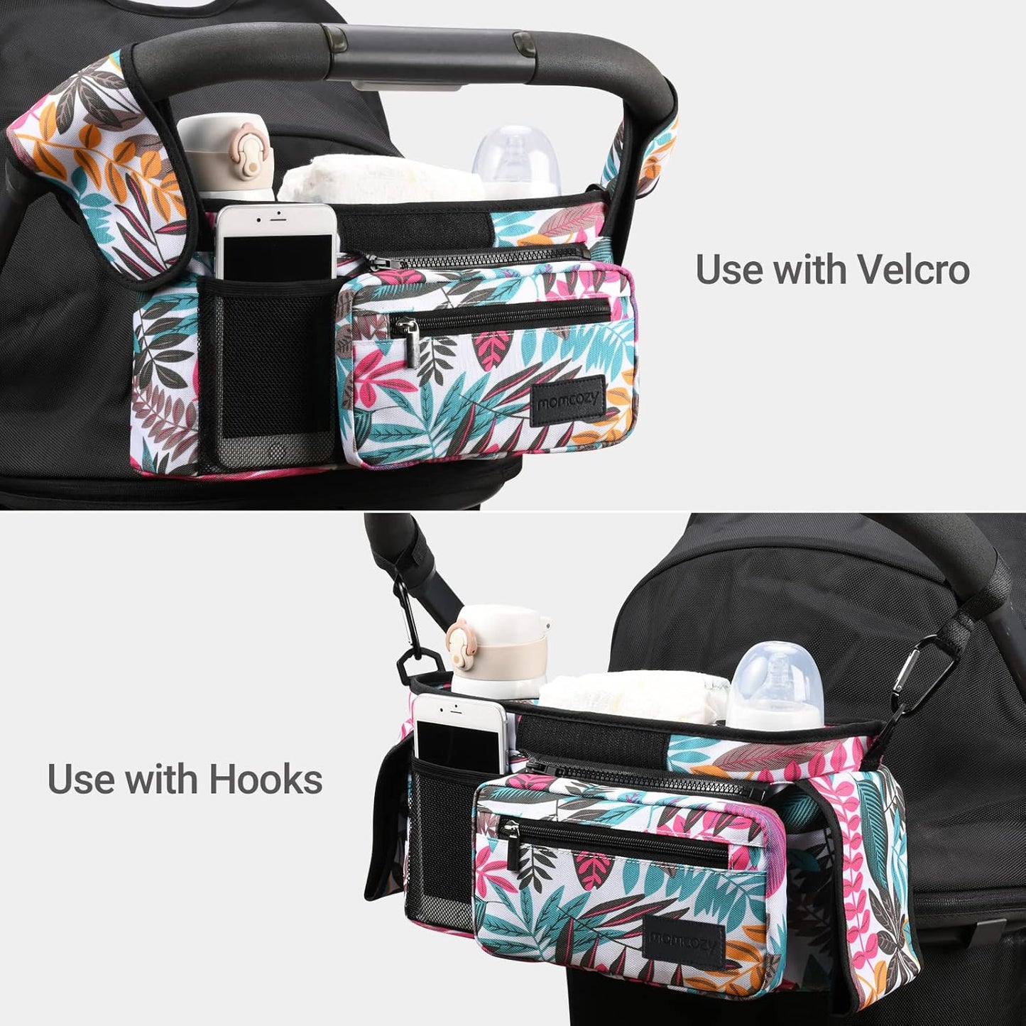 Momcozy Universal Stroller Organizer, 2 Insulated Cup Holders, Removable Zip Pocket, Adjustable Straps, Large Capacity Baby Essentials Compact Design, Fits Any Stroller (Multicolor)