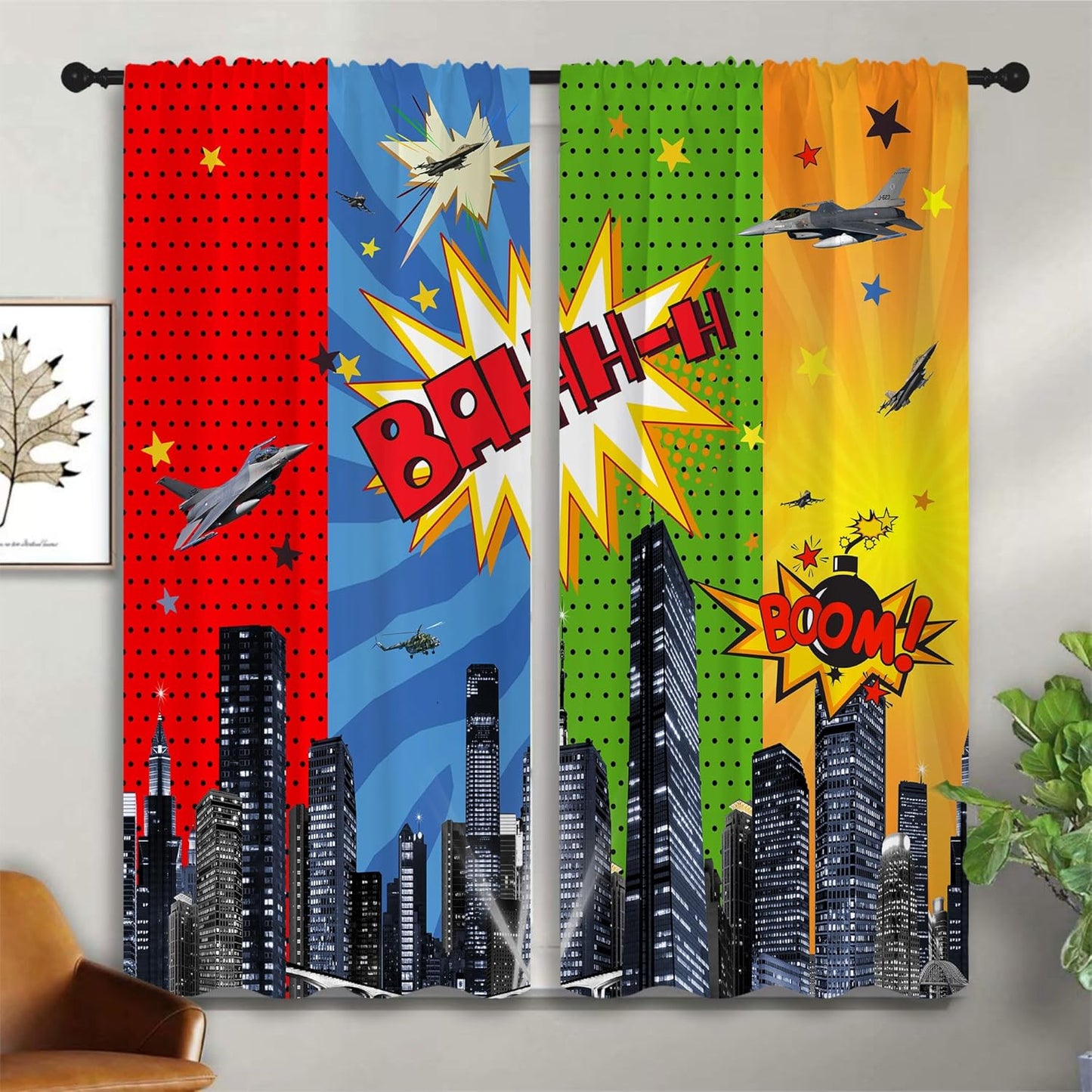 Superhero Rod Pocket Blackout Curtains for Boy Girl Bedroom, City War Explosion Comics Art Thermal Insulated Home Window Drapes for Living Room Darkening, 42x45 inch