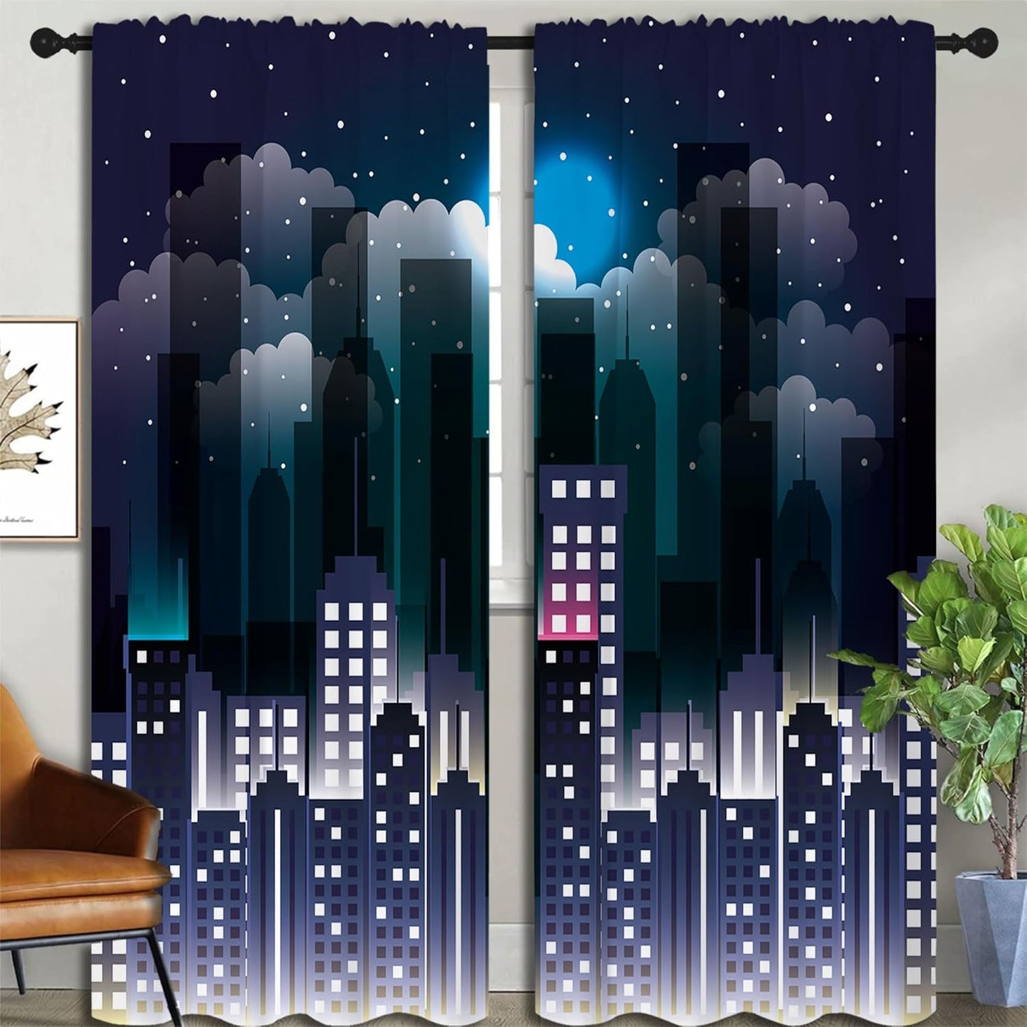 Superhero Rod Pocket Blackout Curtains for Boy Girl Bedroom, Violet Night Sky Buildings Cityscape Home Energy Efficient Light Filtering Window Curtain for Living Room,84x84 inch