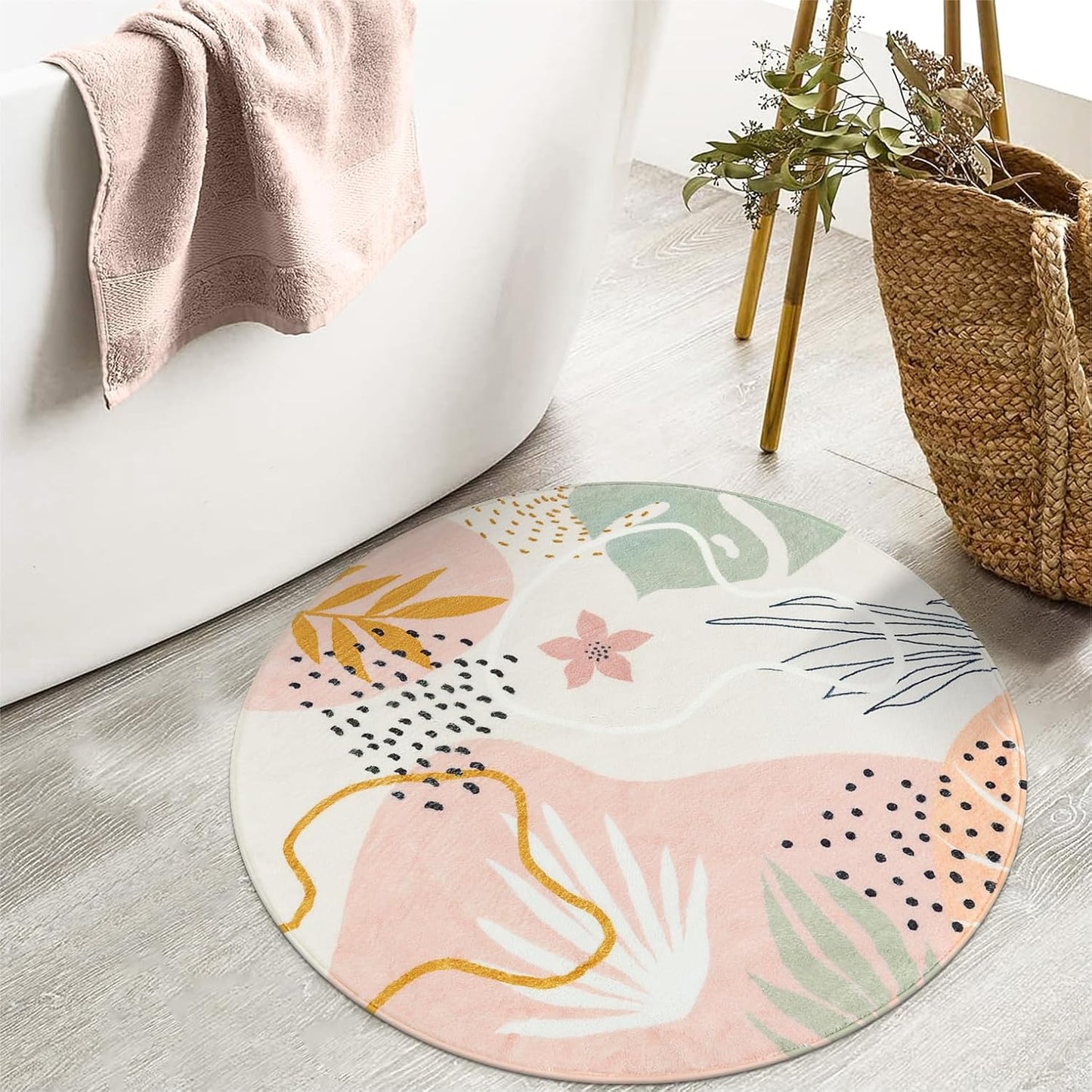 Lahome Boho Pink 3Ft Round Area Rugs - Soft Cute Small Circle Rug for Kids Nursery Room, Washable Non-Slip Botanical Print Circular Carpet for Sofa Playroom (Pink,3'x3')