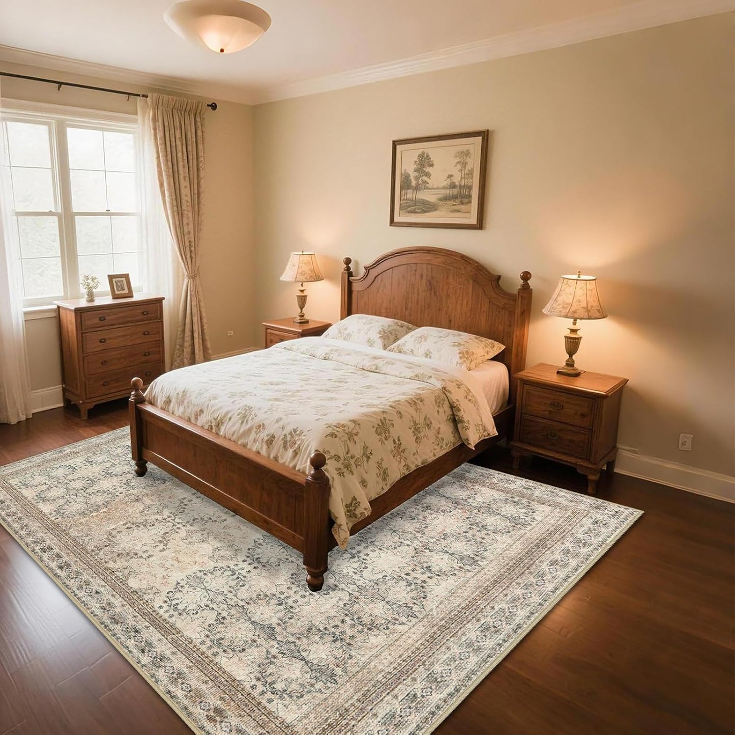 5x7 Washable Area Rug for Living Room Rustic, Non Slip Vintage Floral Bedroom Rugs Retro, Traditional Indoor Floor Carpet for Dining Room, Kitchen, Farmhouse, Office Beige/Pink/Orange