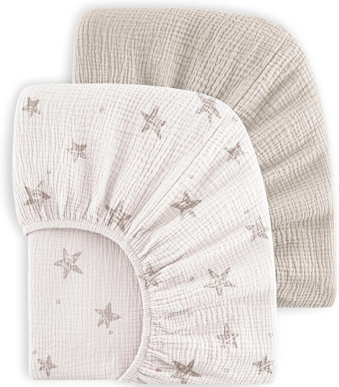 Bearmoss Muslin Crib Sheets - 100% Cotton Baby Crib Sheets Fitted for Standard Crib Mattress & Toddler Bed Mattress 52"x28" Soft Breathable Crib Sheet Neutral for Boys Girls - 2 Pack (White Star)