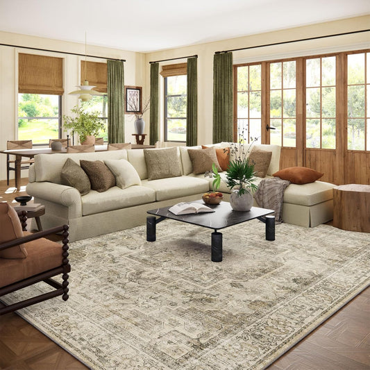 Washable Area Rugs for Living Room: 9x12 Bedroom Area Rugs Boho Vintage Rugs Stain Resistant Non Slip Low Pile Soft Lightweight Carpet for Kitchen Dining Room Farmhouse Nursery Kids Room Home Office