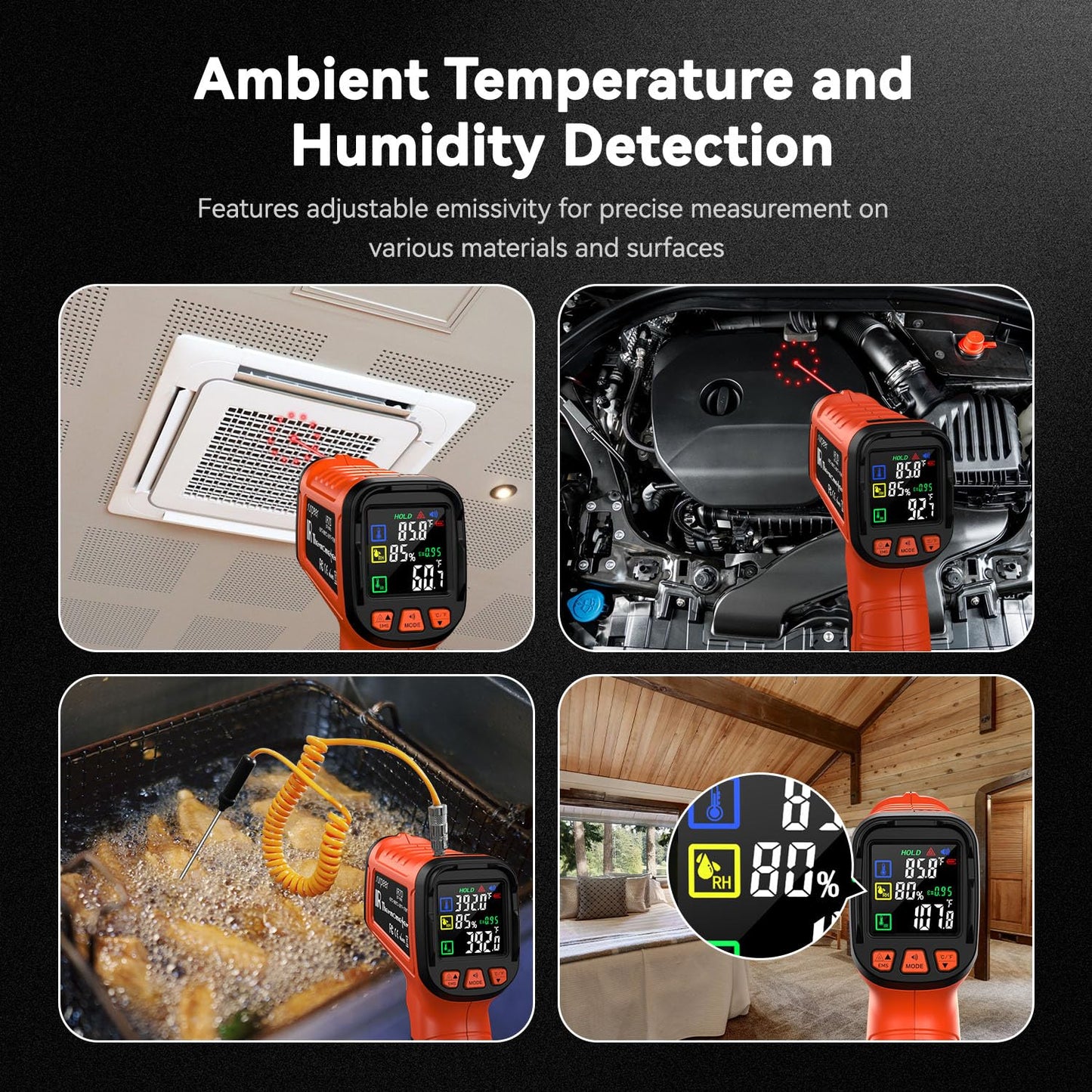 -58°F to 2732°F Infrared Thermometer Temperature Gun with Thermocouple Probe, 50:1 Laser Temperature Gun for Humidity Measurement, BBQ, AC, High Temp Gun for Engine, Kiln, Forging, Industrial Use