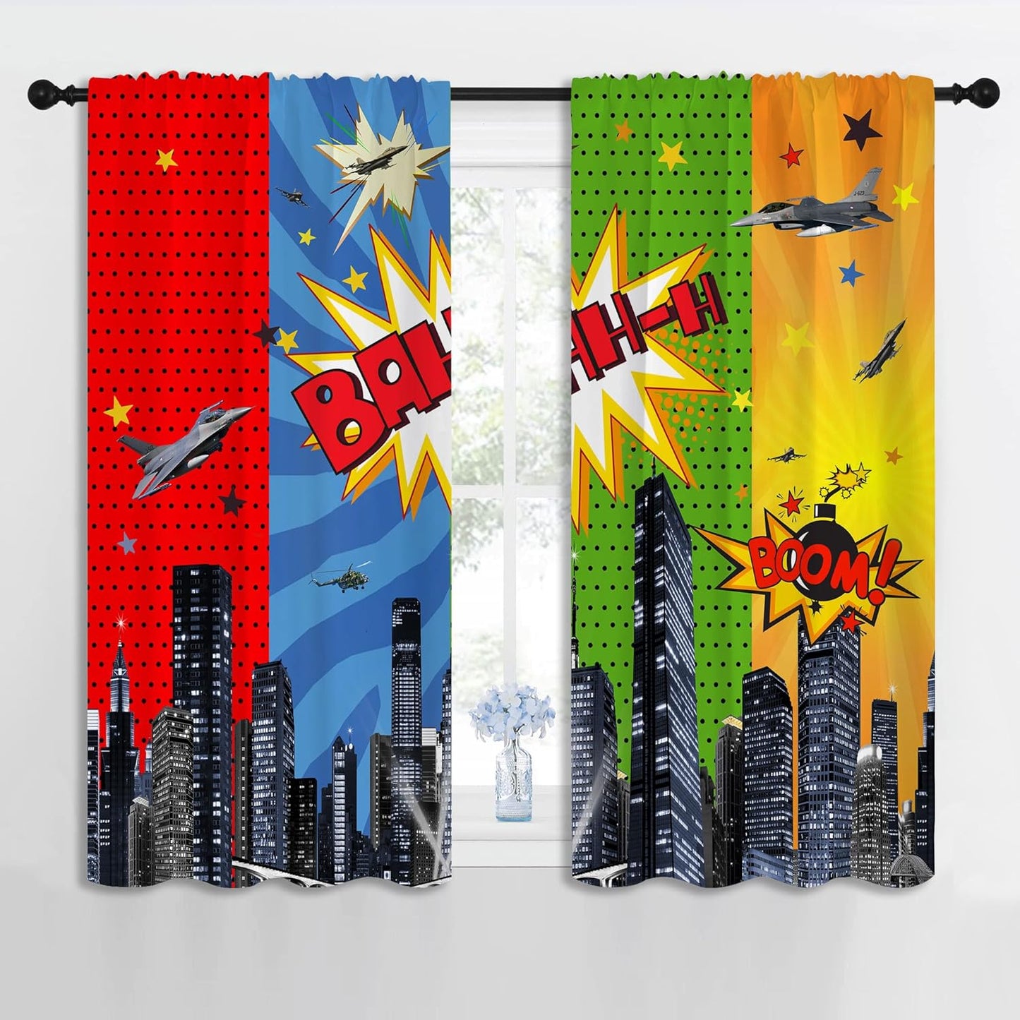 Superhero Rod Pocket Blackout Curtains for Boy Girl Bedroom, City War Explosion Comics Art Thermal Insulated Home Window Drapes for Living Room Darkening, 42x45 inch