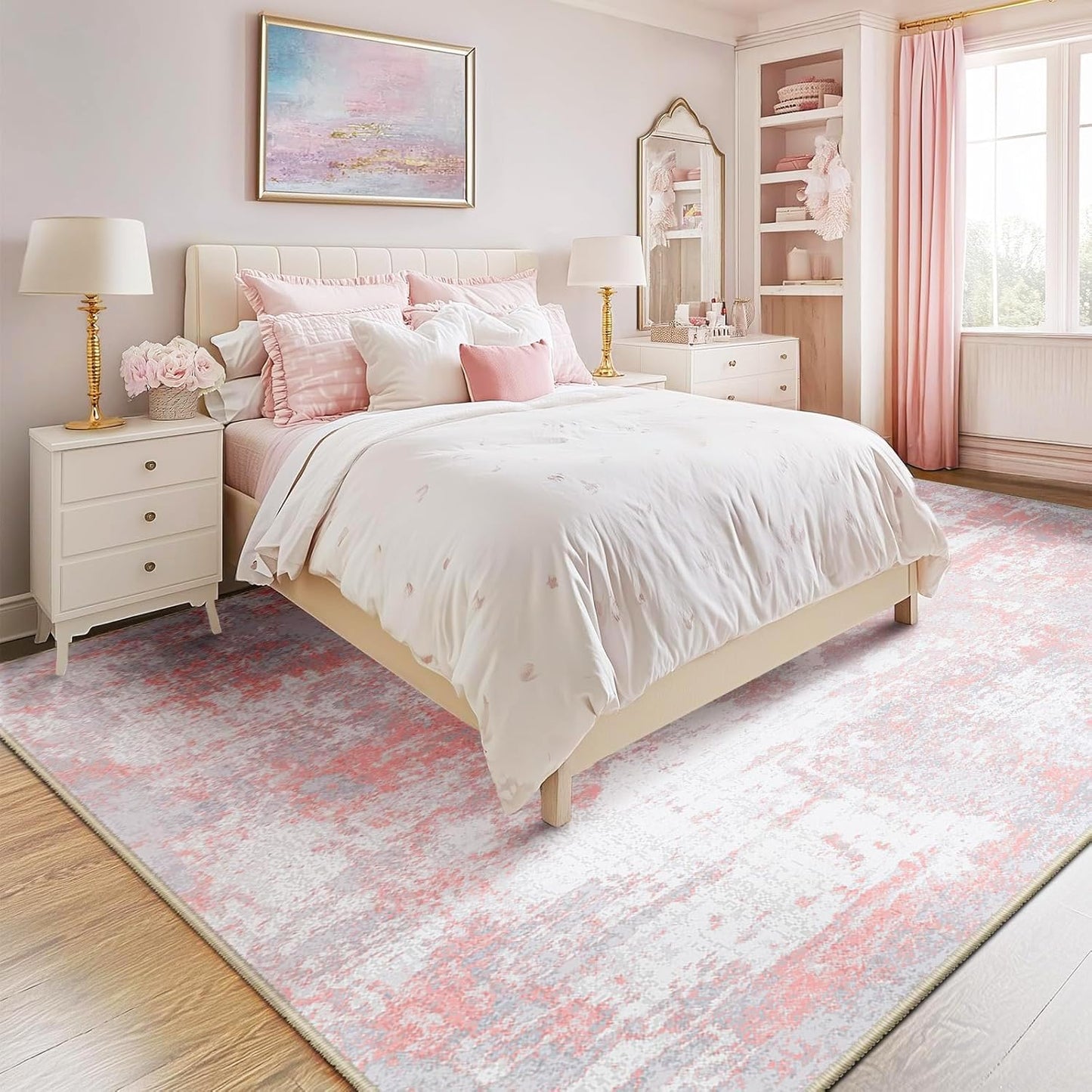 Washable Area Rugs 6'x9' Non-Slip Modern Abstract Soft for Living Room Entryway Bedroom Nursery, Print Pattern, Grey Pink