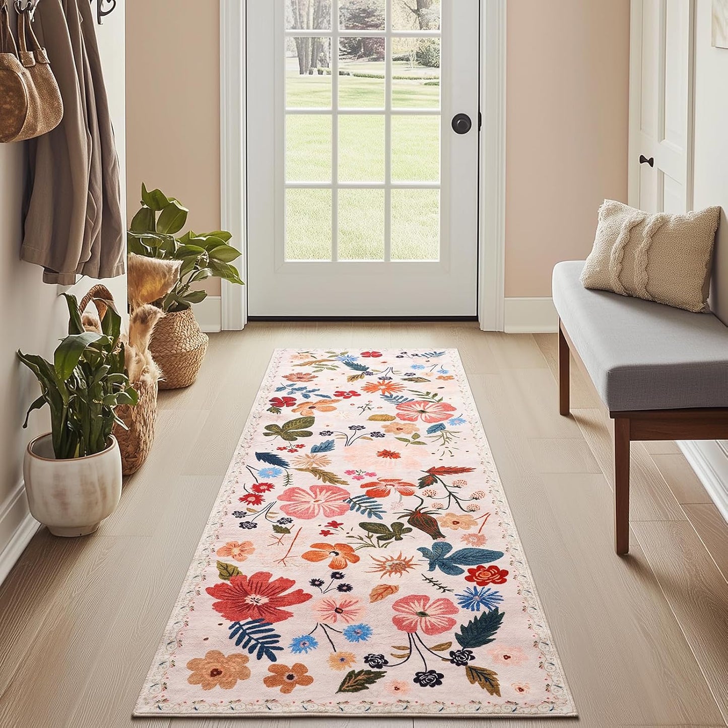 2x6 Runner Rugs for Hallways Non Slip with Rubber Backing Stain Resistant Area Rug Washable Beige Boho Floral Ultra-Thin Carpet Rugs Indoor for Entryway Kitchen Bedroom Laundry Bathroom Stairwell