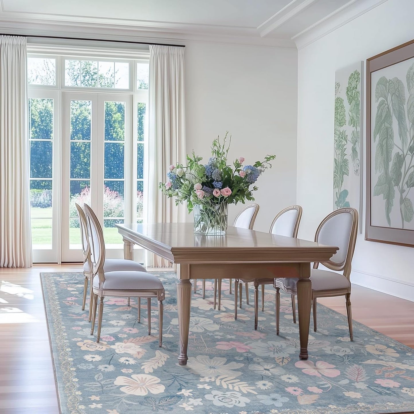 Blue 6x9 Area Rugs Machine Washable Low Pile Non Slip Stain Resistant for Living Room Big Boho Vintage Flower Pattern Carpet Rug Ultra-Thin for Bedroom Dining Room Kids Playroom