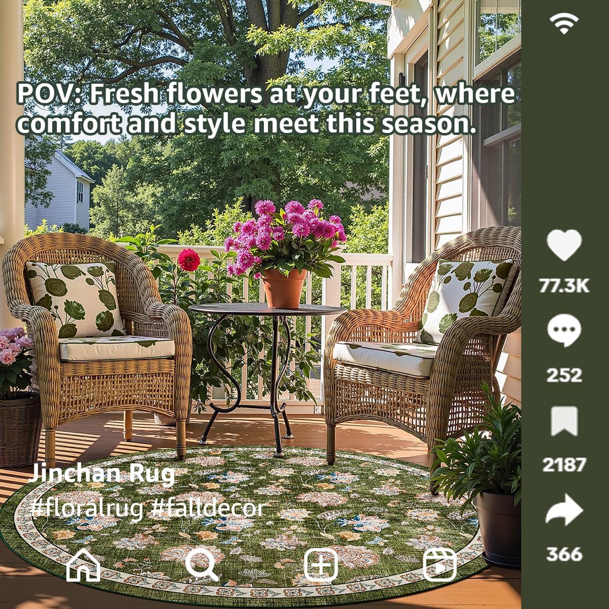 jinchan 6ft Floral Round Rug for Dining Room Washable Living Room Rug Vintage Romance Design Non Slip Indoor Floor Cover Lightweight Low-Profile Throw Carpet for Bedroom Porch Patio, Green