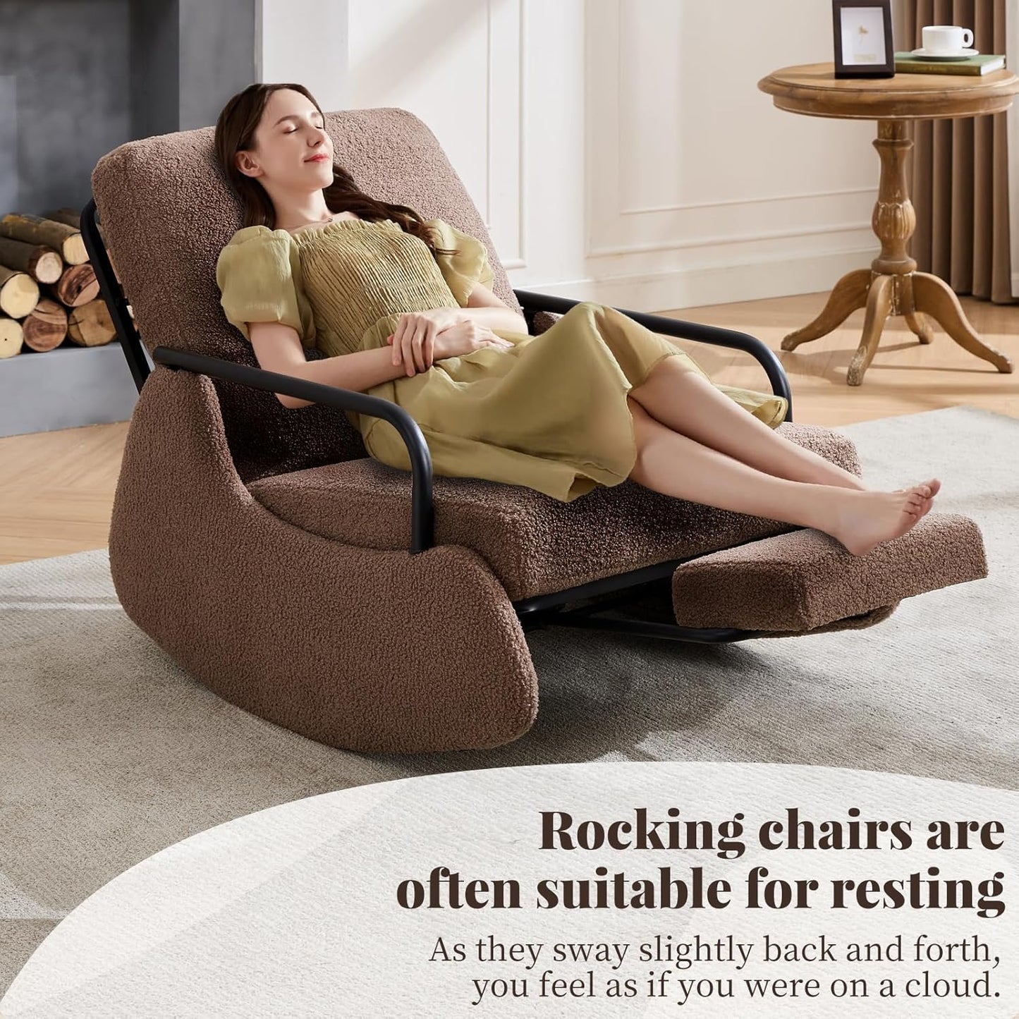 Nursery Rocking Chair, Teddy Upholstered Glider Rocker Modern Accent Chair Padded Seat with High Backrest,Comfy Side Chair for Nursery,Living Room Bedroom Offices (Brown)