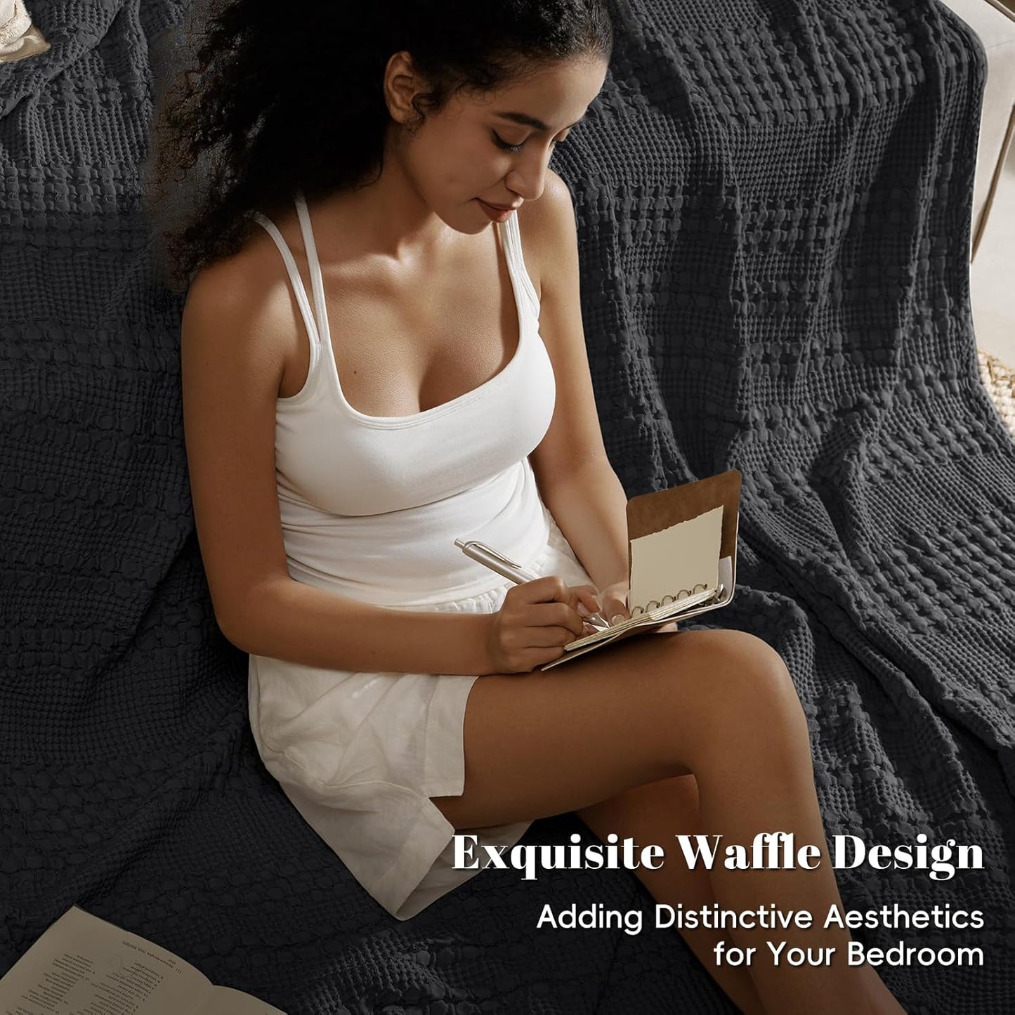 PHF 100% Cotton Waffle Weave Blanket Twin Size, Soft Lightweight Breathable Cozy Summer Blankets for Bed, Luxury Aesthetic Woven Bedding for Home Decor, 66"x90", Black