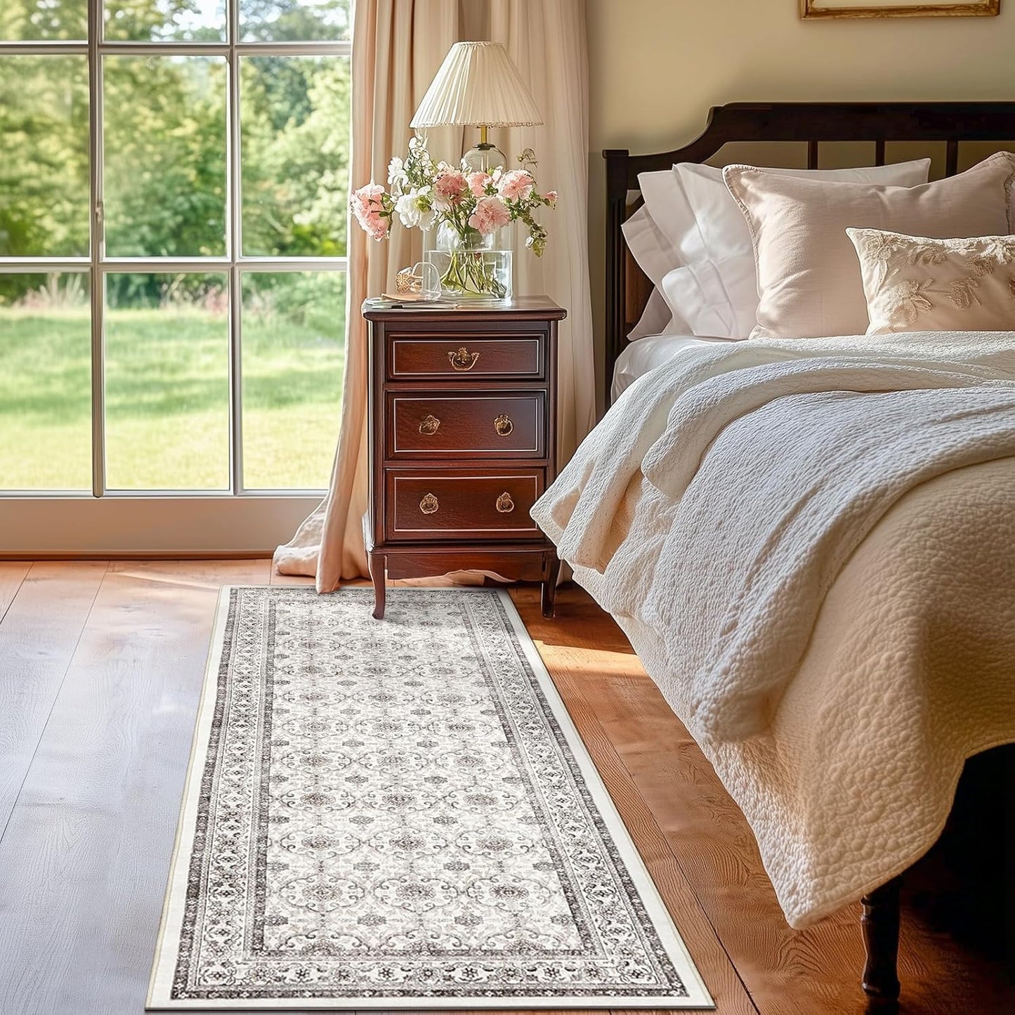 jinchan Runner Rug 2x7 - Machine Washable Beige Vintage Floral Distressed Design Soft Non-Slip Low-Pile Ultra-Thin Runner Rug for Kitchen Hallway Laundry Room Entryway Farmhouse (2‘x7',Beige)