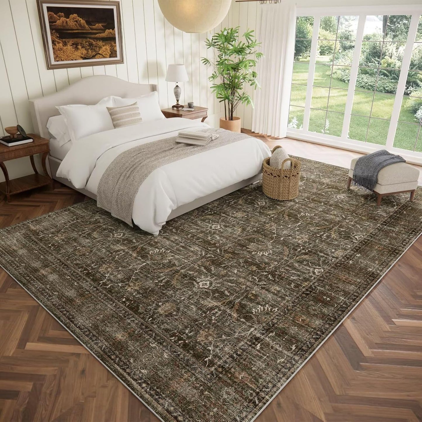 Washable 9x12 Area Rugs for Living Room, Boho Non-Slip Silicone Backing Rugs for Bedroom Dining Room Nursery Office, 0.3" Neutral Oriental Throw Carpet with 0.16" Cushioning Pad, Deep Brown/Multi