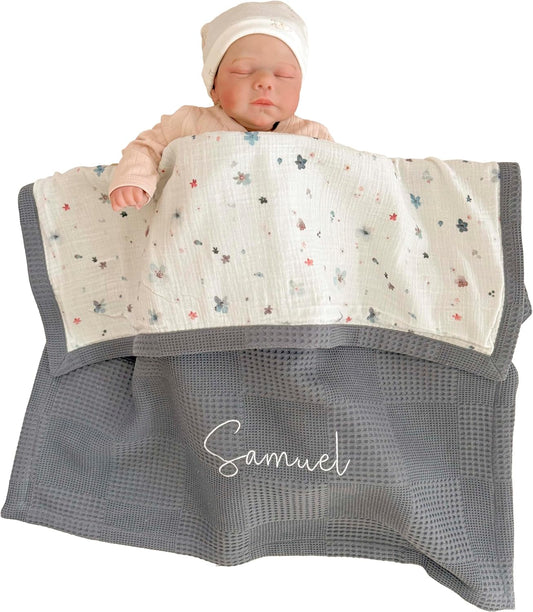 Personalized Baby Blanket with Name – Handmade 100% Organic Cotton Newborn Gift | Custom Knit Blanket for Boys, Girls, Kids & Baby Showers