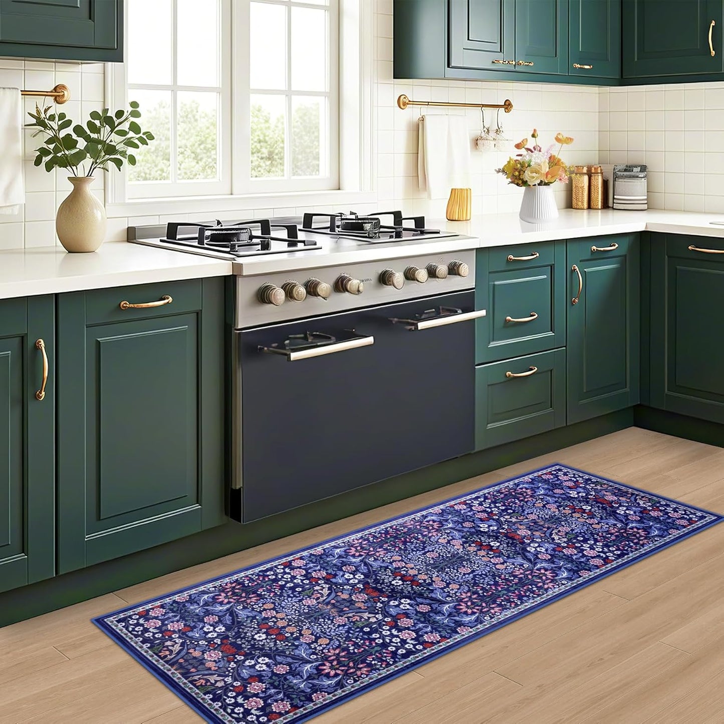 Runner Rug for Entryway: 2x6 Kitchen Rugs Non Slip Washable Ultra-Thin Soft Floral Carpet Indoor Floor Stain Resistant Carpets for Hallway Bedroom Kitchen Laundry Bathroom Dorm Blue