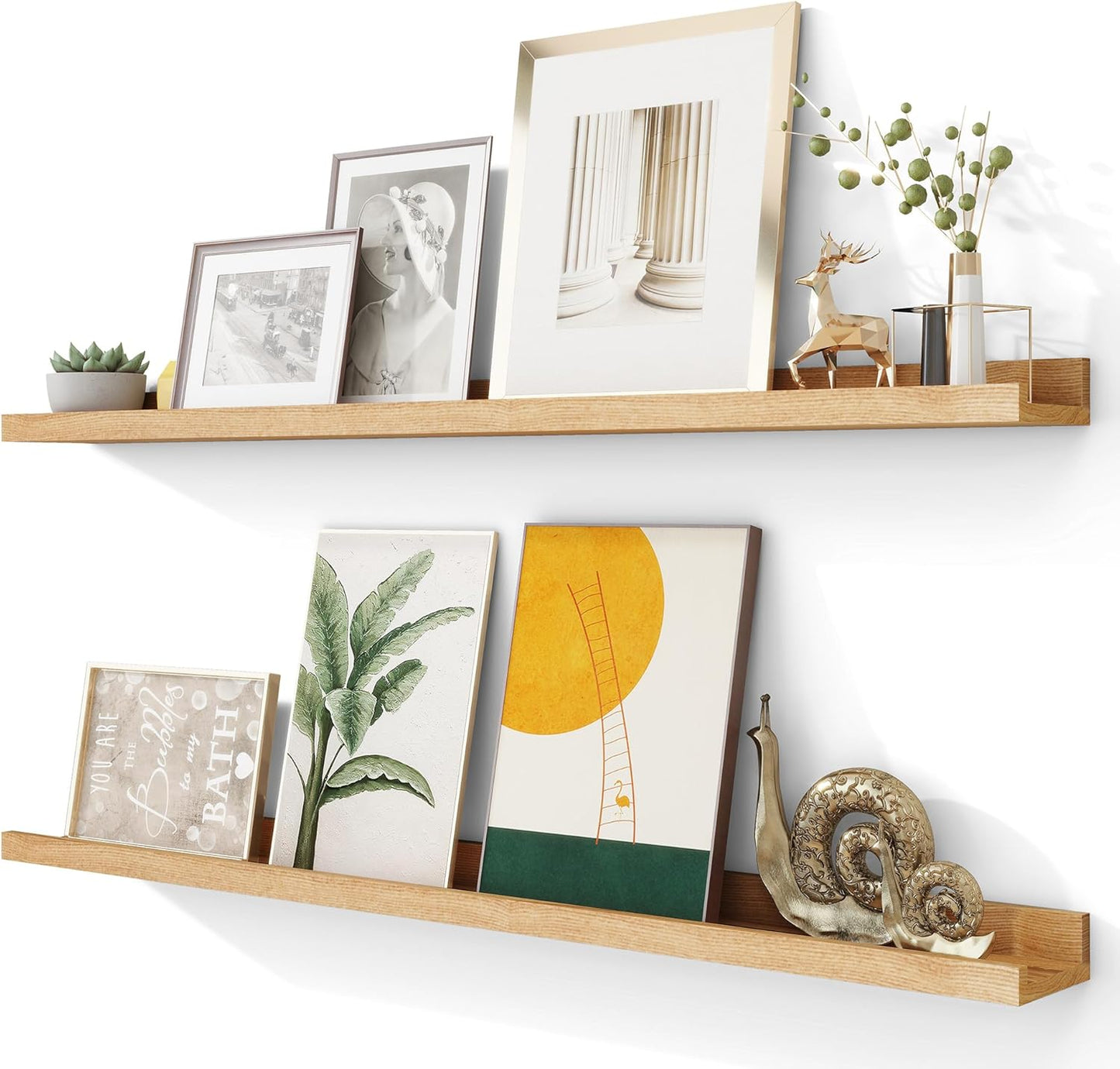 Solid Ash Wood Picture Ledge Shelf, Wood Floating Shelves Set of 2, 48 Inch Long Large Photo Ledge Shelves, Nursery Book Shelves Wall Mounted for Living Room Kids' Bedroom Decor, Natural