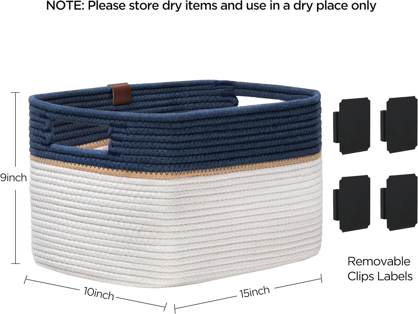 UBBCARE 4 Pack Baskets for Organizing, Woven Storage Baskets with Label for Toys and Towel, Rectangle Cotton Rope Basket with Handles, 15''L x10''W x9''H, Navy Blue&White