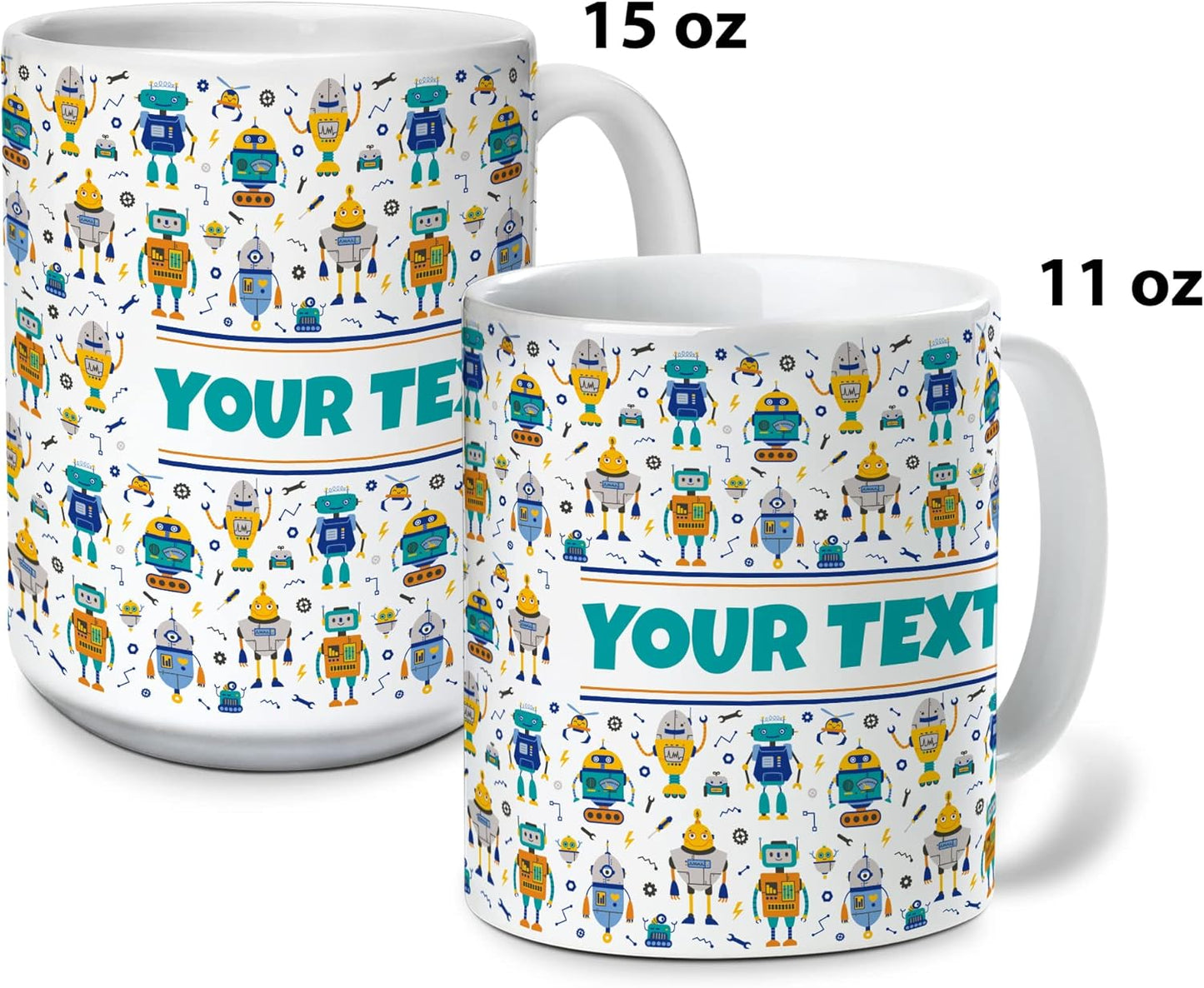 Personalized Mug for Kids - Robots - Custom Name/Text, Ceramic Hot Chocolate/Cocoa/Coffee Cup for Boys, Birthday/Christmas/Holiday Gift - 15 oz, Light Blue Handle