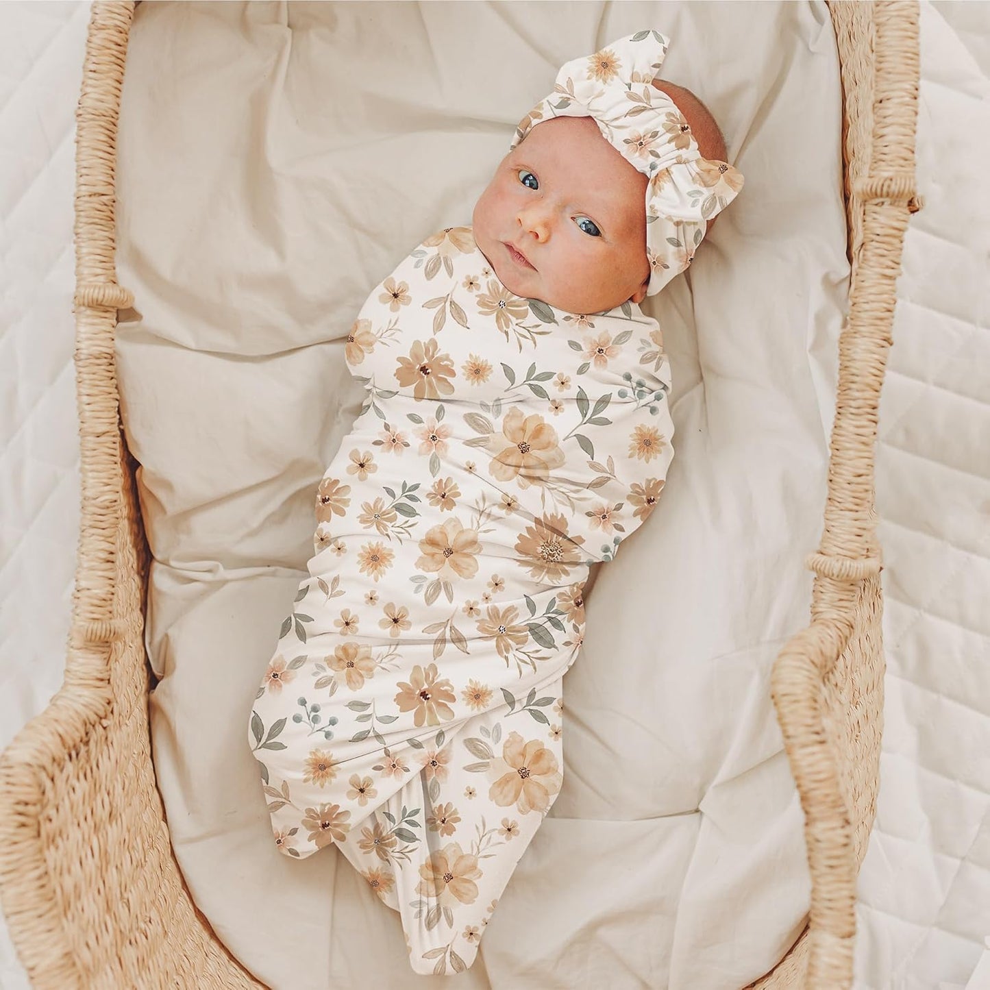 Konssy Baby Girl Newborn Receiving Blanket with Matching Headband and Beanie Set Baby Swaddle Nursery Swaddle Wrap