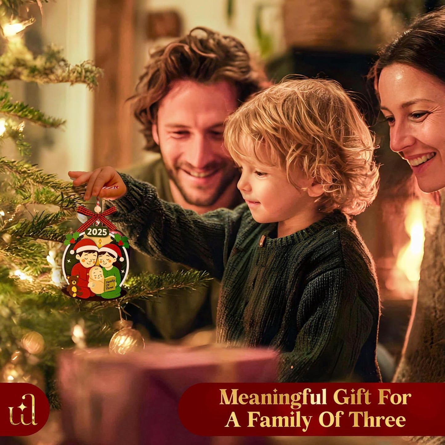 Family of 3 Christmas Ornaments 2025 - Our First Christmas As A Family of Three Ornament 2025, Unique Baby 1st Xmas Ornaments, New Parents Gifts for Mom Dad Xmas Tree Decorations