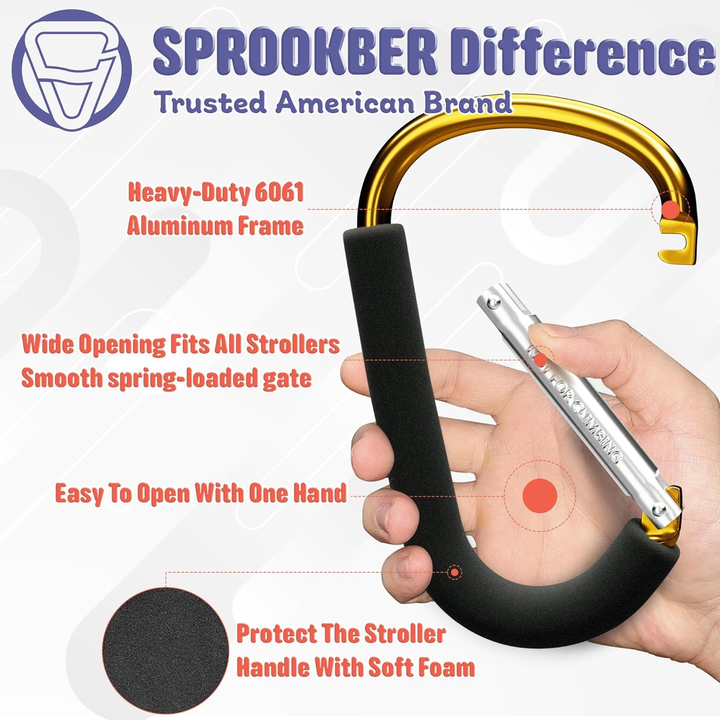 sprookber 6.7 Inch Large Stroller Hooks for Diaper Bags & Purses, Heavy Duty Mommy Hooks for Shopping, Grocery, Backpack – Baby Stroller Accessories, Set of 2 (Gold)