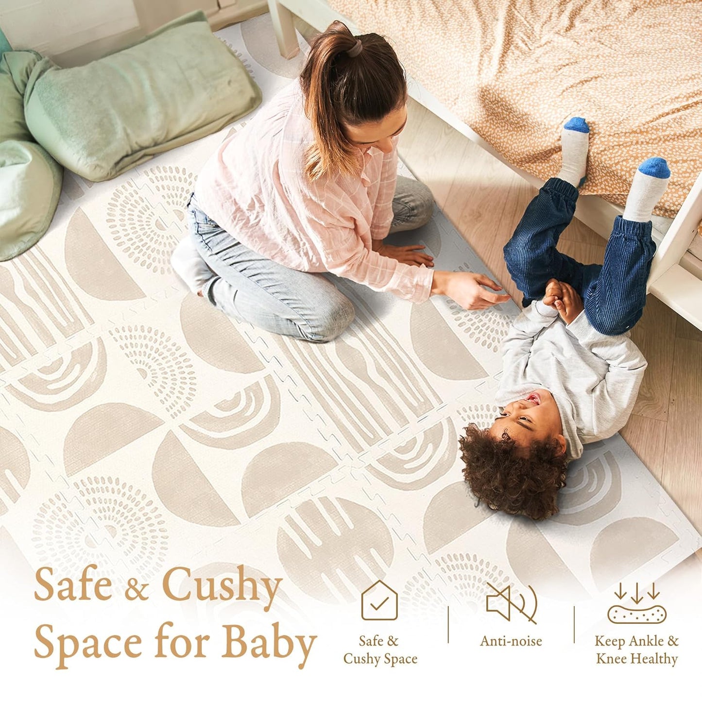 Premium Exercise & Baby Foam Play Mats - Stylish & Large Non-Toxic Odorless Floor Mat - 6 Tiles - Spacious 6ft x 4ft - Peel-Resistant Reinforced Ver.- Soft Thick, Waterproof - Desert Sand