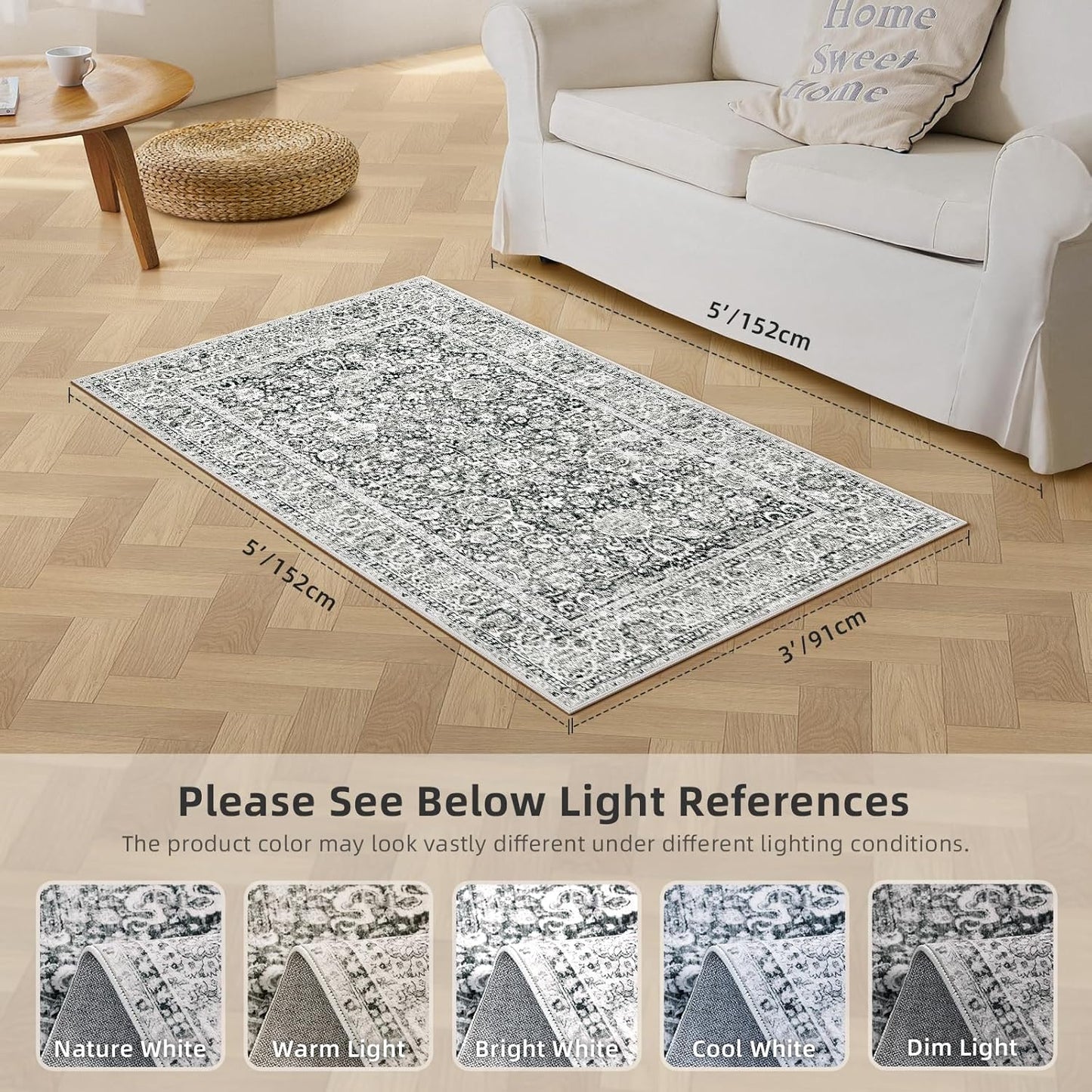 Deerly Area Rug 3x5 Area Rug with Non-Slip Backing, Washable Rugs for Bedroom Living Room Kitchen, Distressed Carpet Printed Low-Pile Soft Dorm Rug Room Decor(Grey)