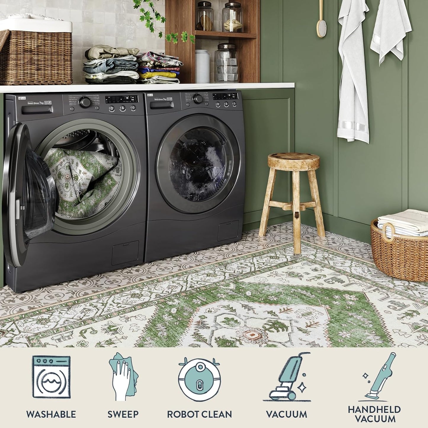 Lahome Boho Green Hallway Runner - 2x6 Washable Kitchen Runner Rug Non-Slip, Ultra-Thin Vintage Print Carpet Rug for Entryway Bedroom Laundry Room (Green, 2'x6')