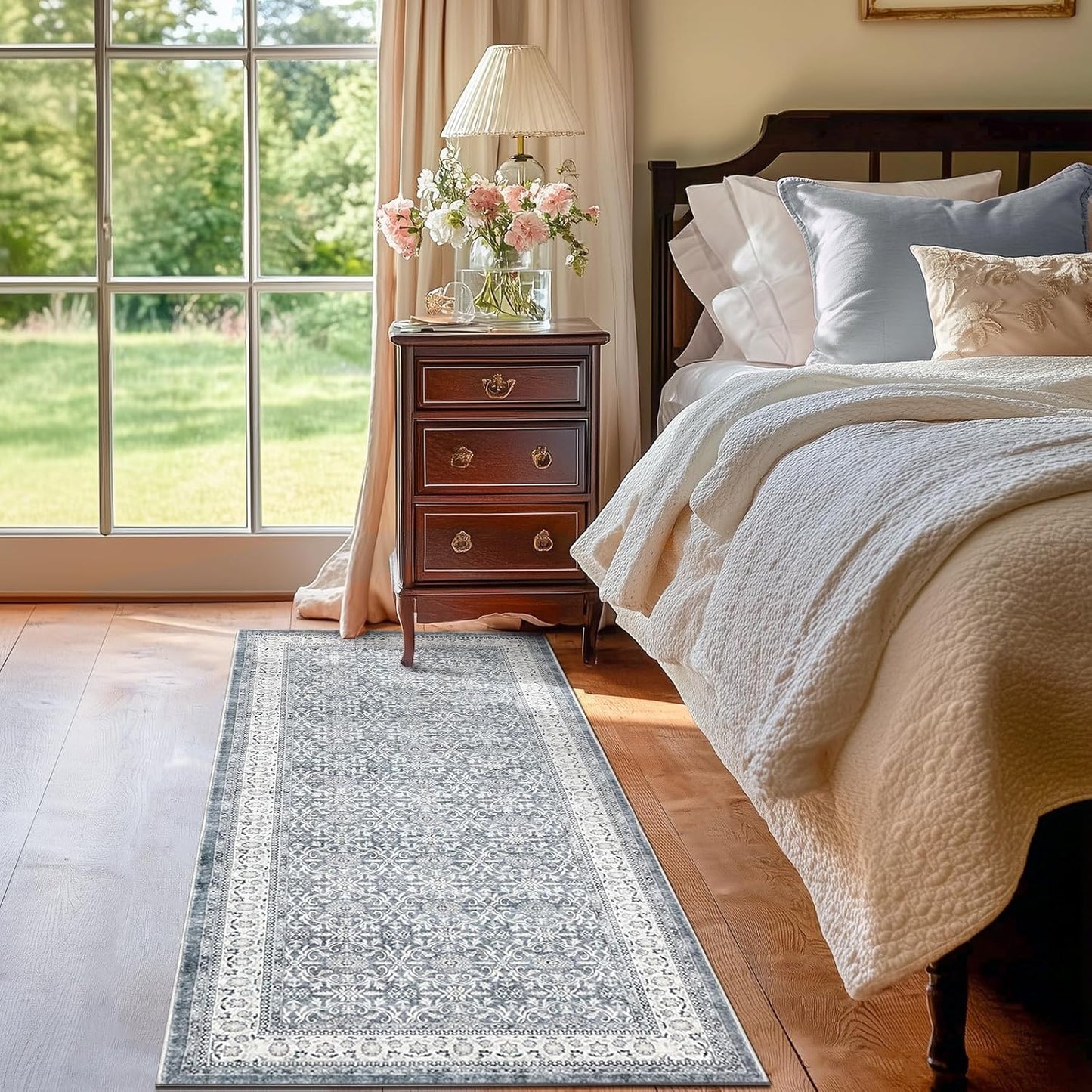 jinchan Floral Runner Rug 2x5 - Machine Washable Grey Vintage Distressed Design Soft Non-Slip Low-Pile Ultra-Thin Runner Rug for Kitchen Hallway Laundry Room Entryway Farmhouse (2‘x5',Grey)