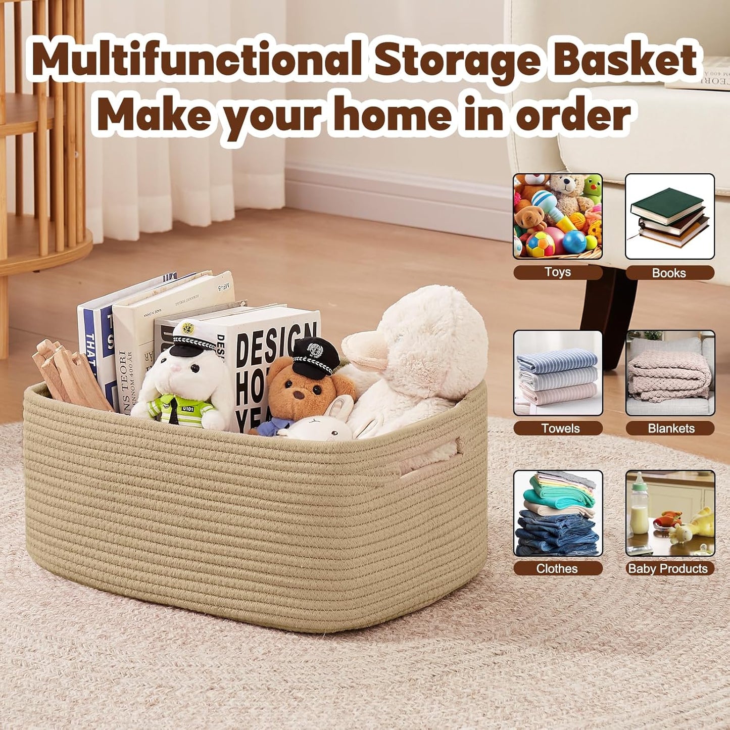 OIAHOMY Storage Basket for Shelves, Closet Cube Storage Bins Baskets for Clothes Blanket Towels, Baby Nursery, Toy Baskets Box, Woven Rope Basket, 17.72*12.99*7.87 IN, 2 Packs Jute Yellow