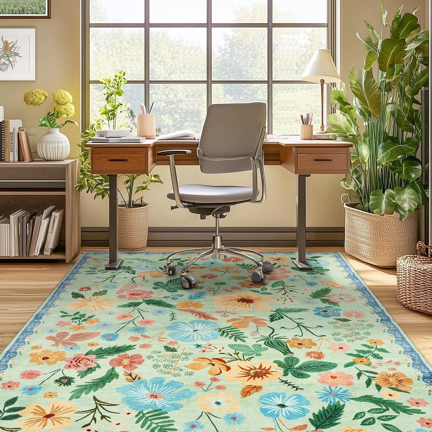 Farmhouse Rugs for Living Room 5x7 Sage Green Floral Faux Fur Low Pile Non Slip Washable Botanical Area Rug Stain Resistant Soft Vintage Carpet Rug for Bedroom Office Dining Room Kids Playroom Spring
