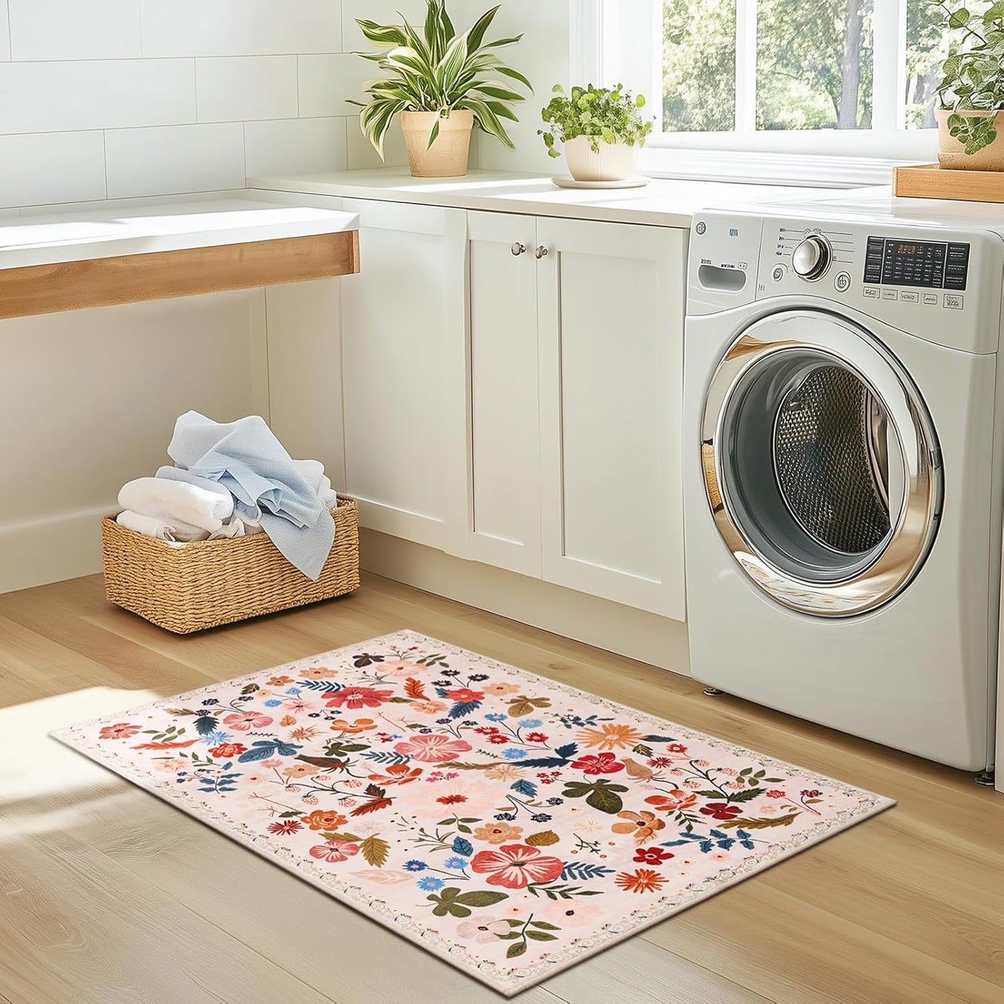 Area Rugs 2x3 Washable Rug for Entryway Boho Spring Farmhouse Floral Small Carpet Rug Beige Soft Non Slip Low Pile Faux Wool Stain Resistant Doormat for Bedroom Kitchen Bathroom Laundry Pet RV