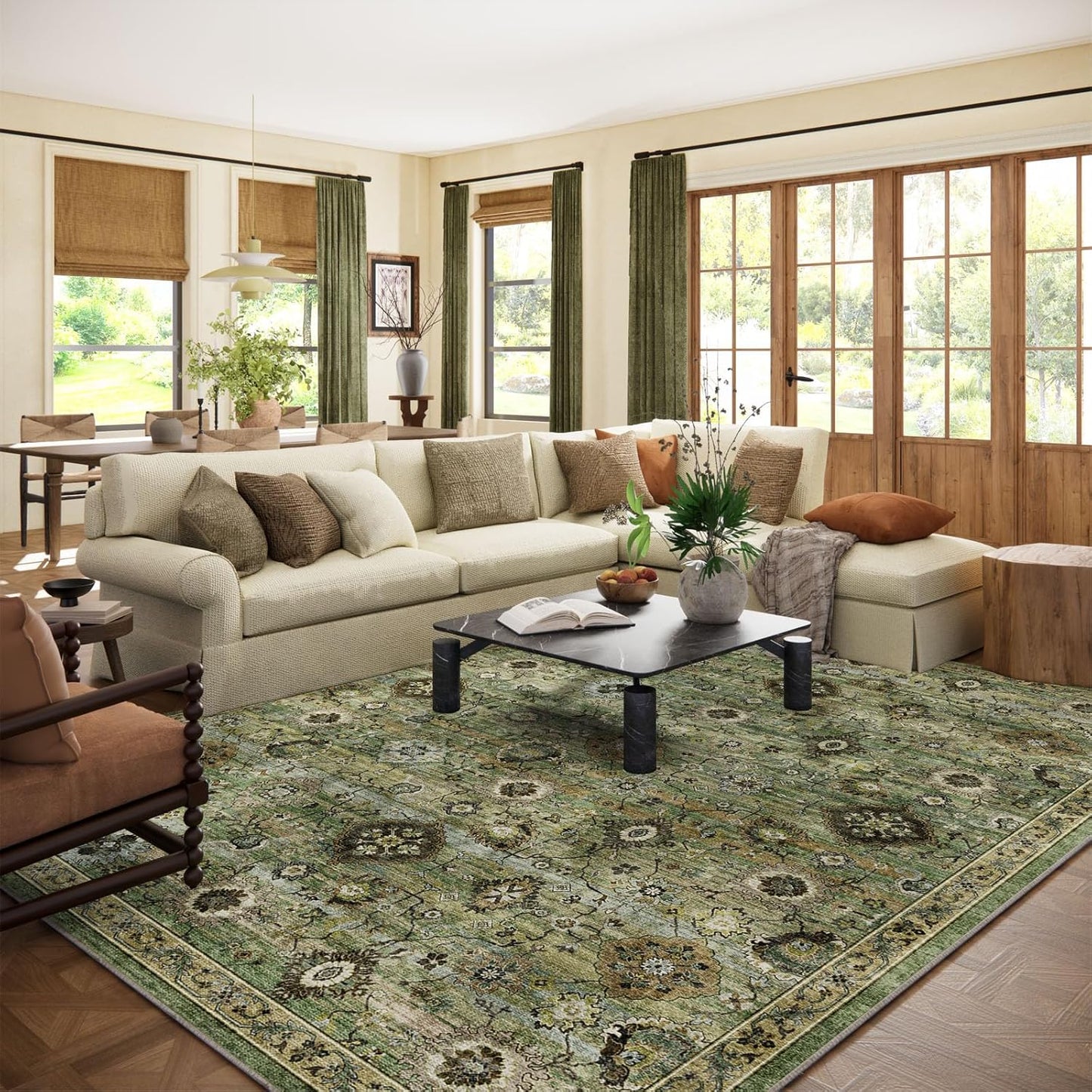 Washable Area Rugs for Living Room: 8x10 Rug Boho Vintage Rugs Stain Resistant Non Slip Low Pile Lightweight Soft Carpets for Bedroom Kitchen Dining Room Nursery Kids Room Farmhouse Home Office