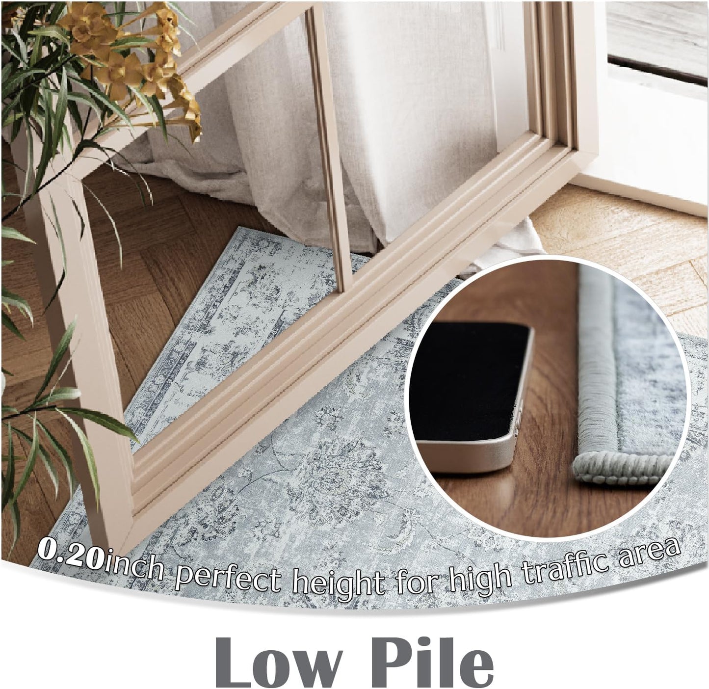 jinchan Runner Rug 2x6 Washable Hallway Runner - Vintage Floral Non Slip Low-Pile Soft Thin Kitchen Rug Distressed Carpet for Farmhouse Bedroom Entryway Laundry Room(2x6ft,Grey)