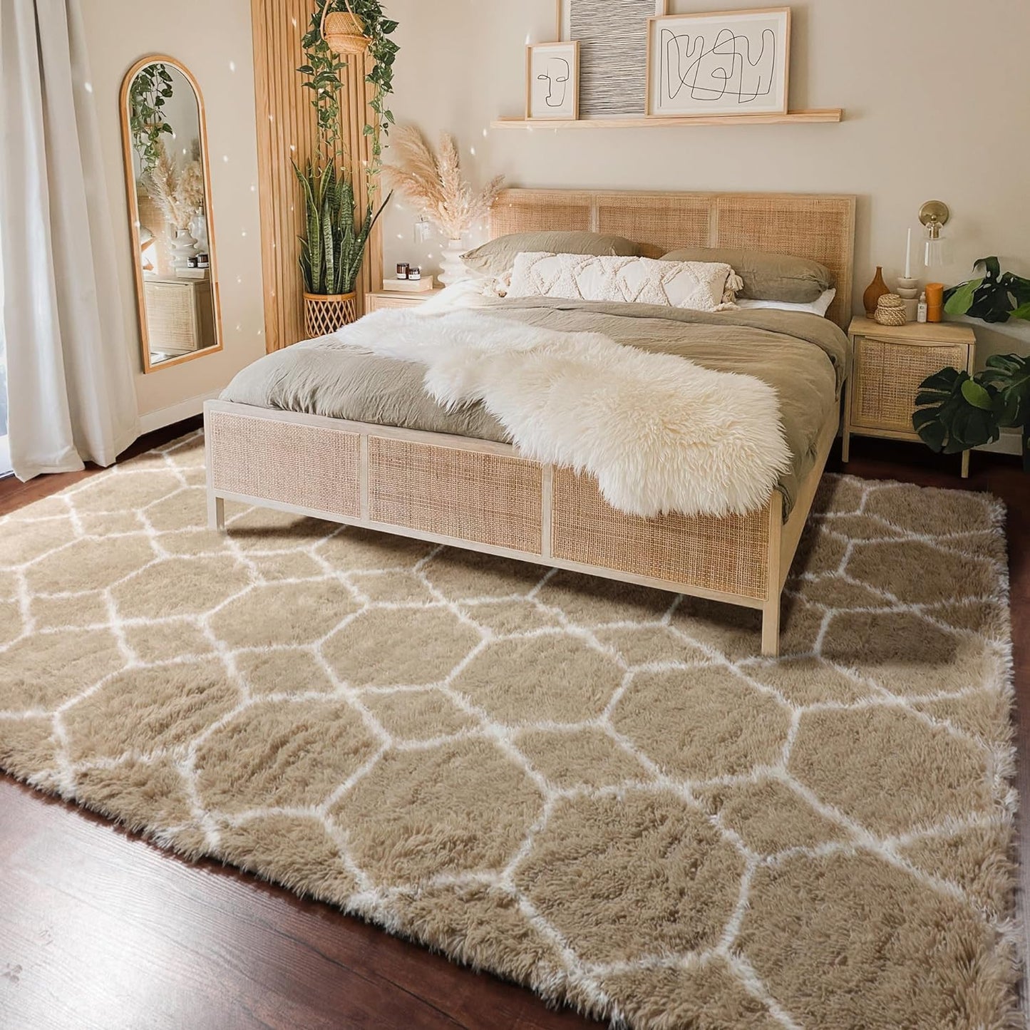 ONASAR 8x10 Area Rugs for Living Room, Fluffy Beige and White Bedroom Rug, Washable Geometric Boho Large Soft Plush Shaggy Fuzzy Floor Carpet for Nursery Kids Classroom Playroom Dorm Home Decor