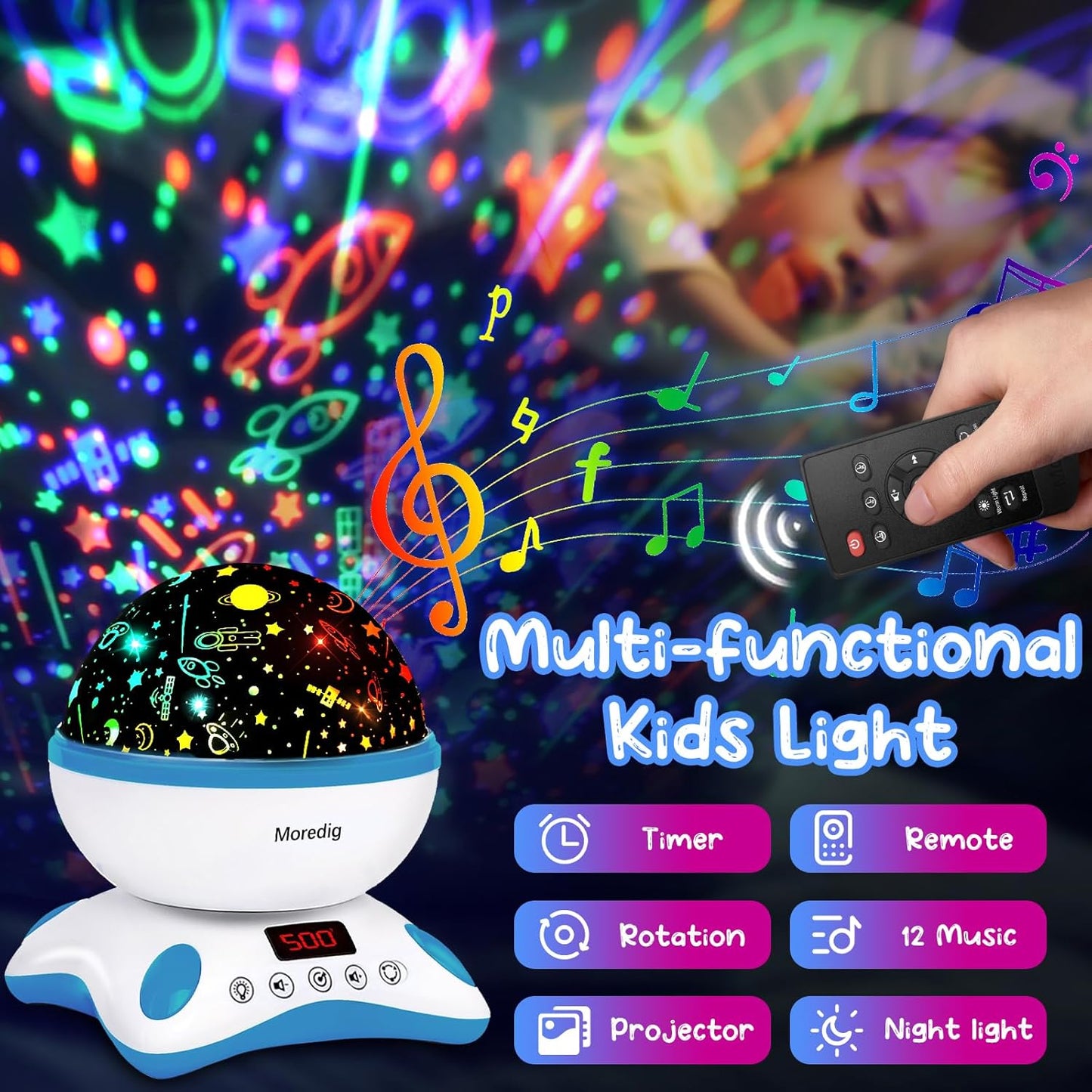 Moredig Kids Night Light Projector, Remote Baby Night Lights for Kids Room with 12 Music Nursery Night Light Projector for Kids Timer 2 Projections 18 Light Modes, Gifts for Baby Kids-Blue
