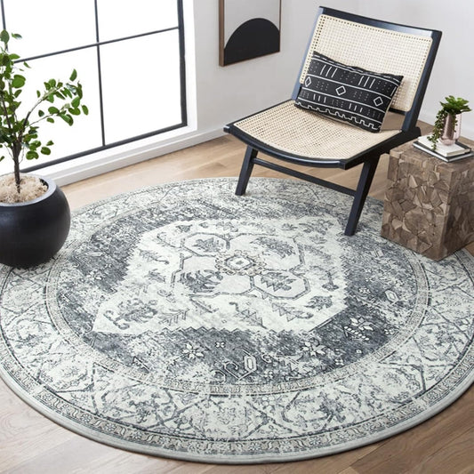 Lahome Boho Round Area Rug - 3Ft Round Rug Non-Slip Washable Bathroom Rug Low-Pile Throw Small Circle Carpet for Bedroom, Oriental Distressed Print Grey Round Mat for Entryway Sofa Kitchen Office